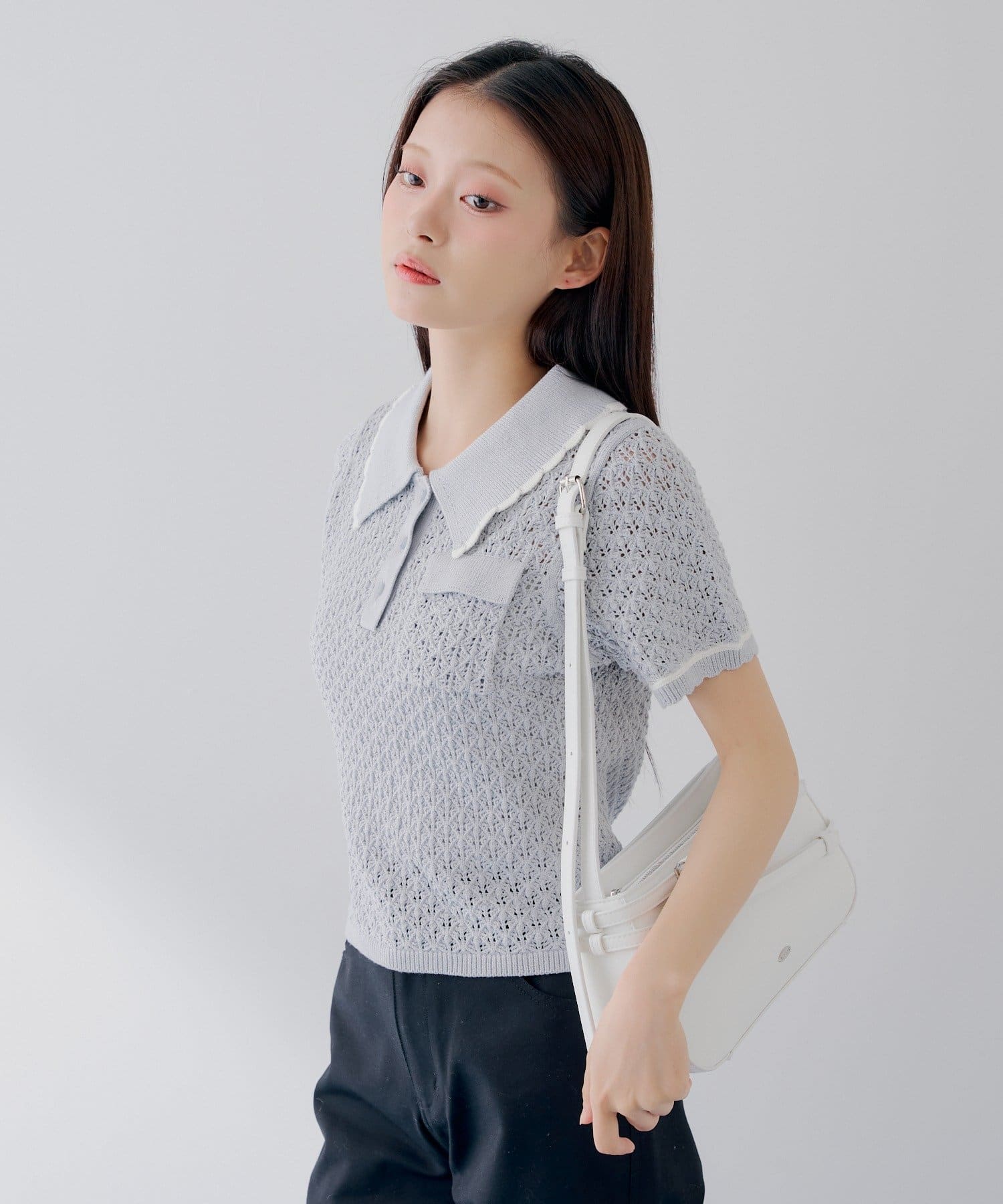 Chico(チコ) 【SALON by Chico】クロシェポロ袖ラインサマーニット