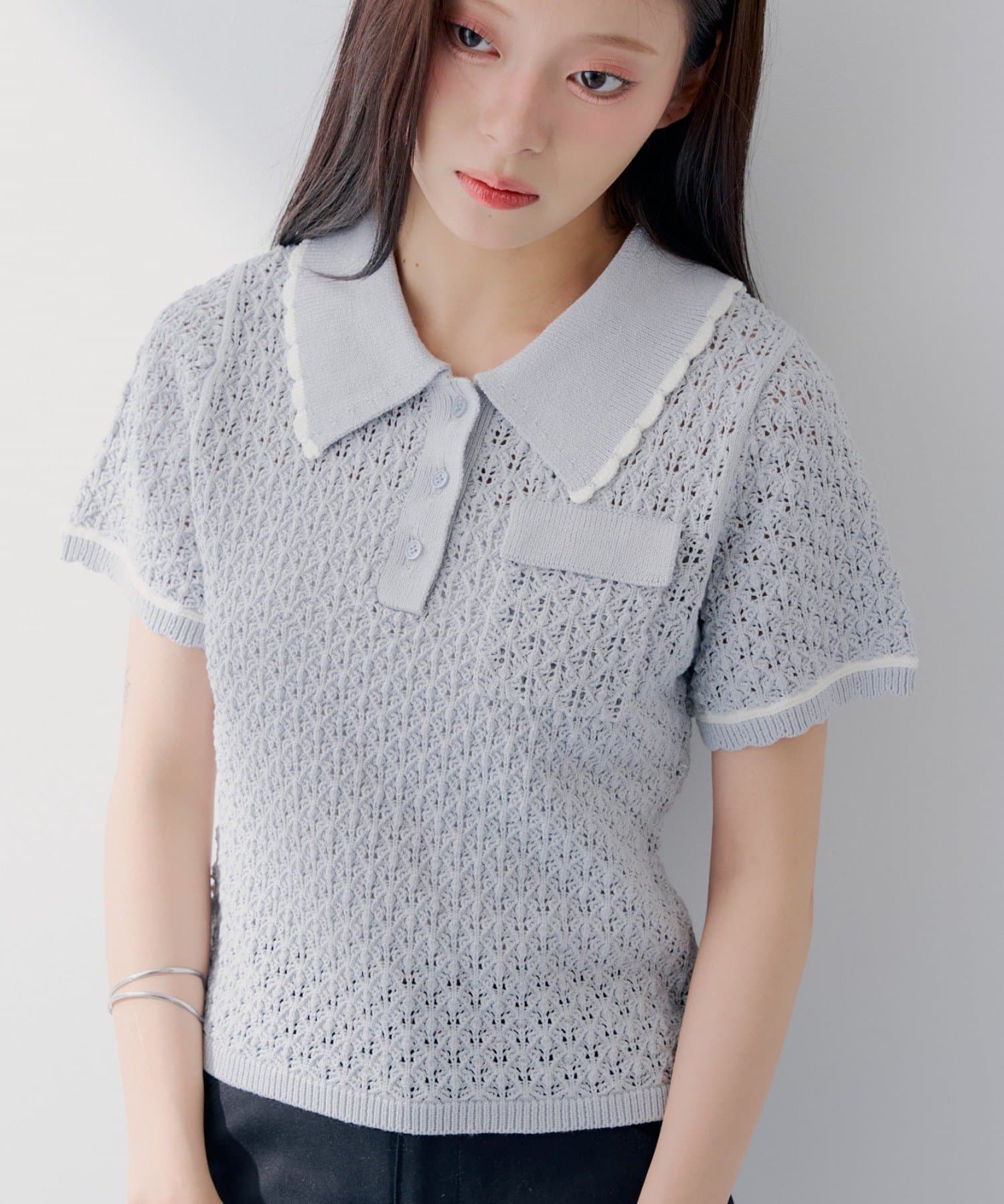 Chico(チコ) 【SALON by Chico】クロシェポロ袖ラインサマーニット