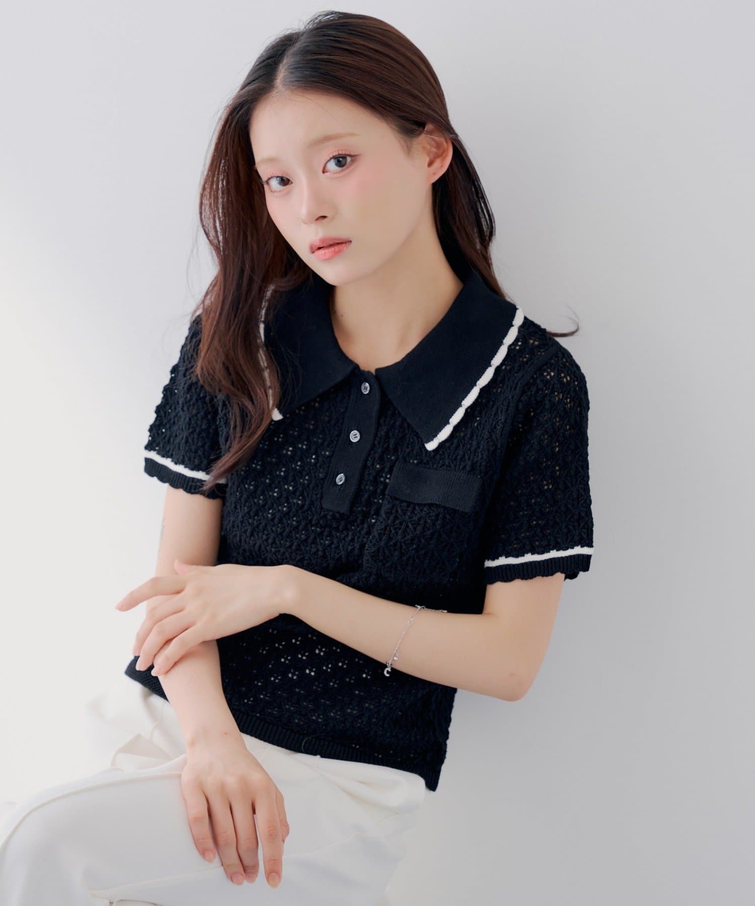 Chico(チコ) 【SALON by Chico】クロシェポロ袖ラインサマーニット