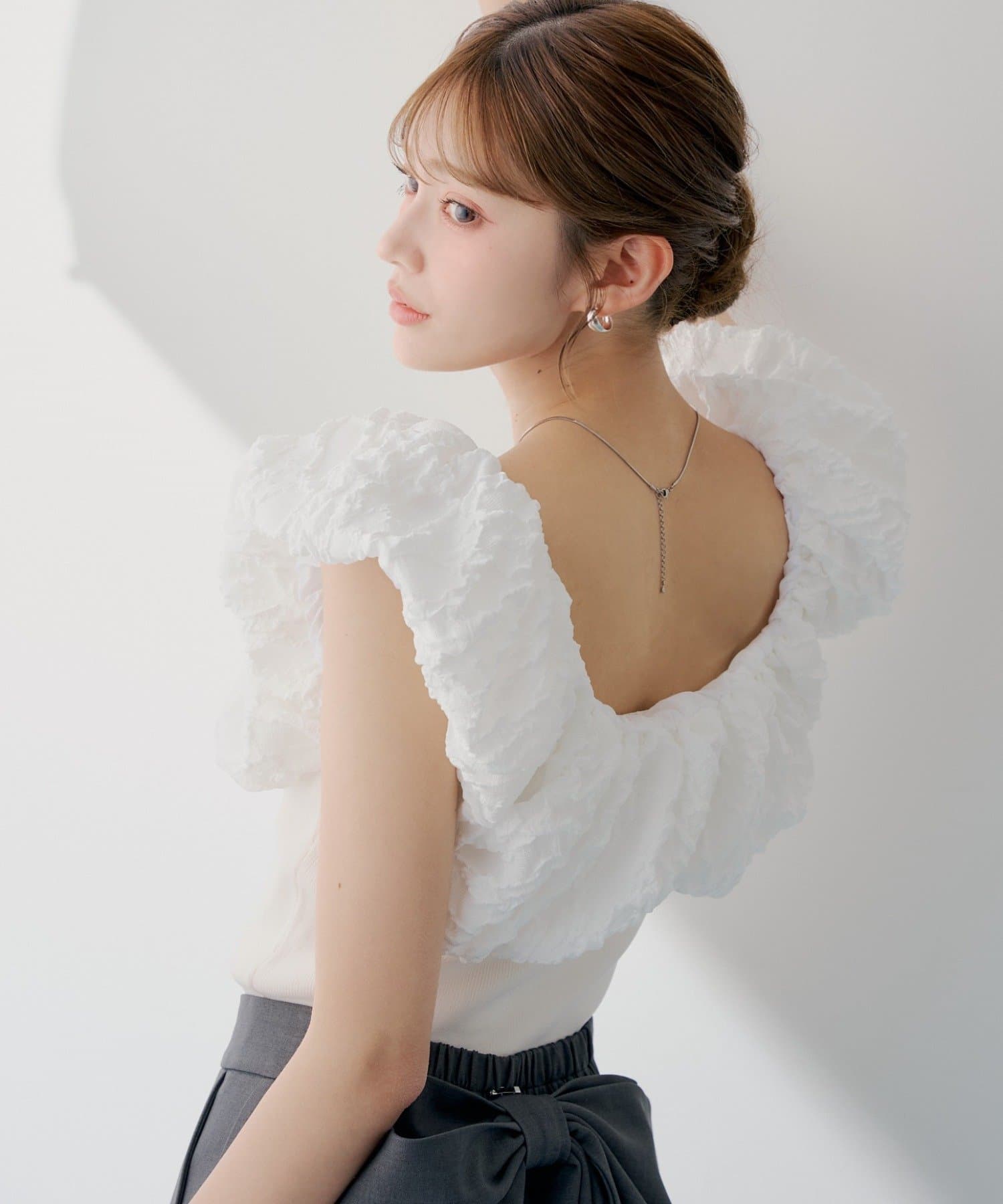 Chico(チコ) 【SALON by Chico】ジャガードパフスリーブドッキングニット