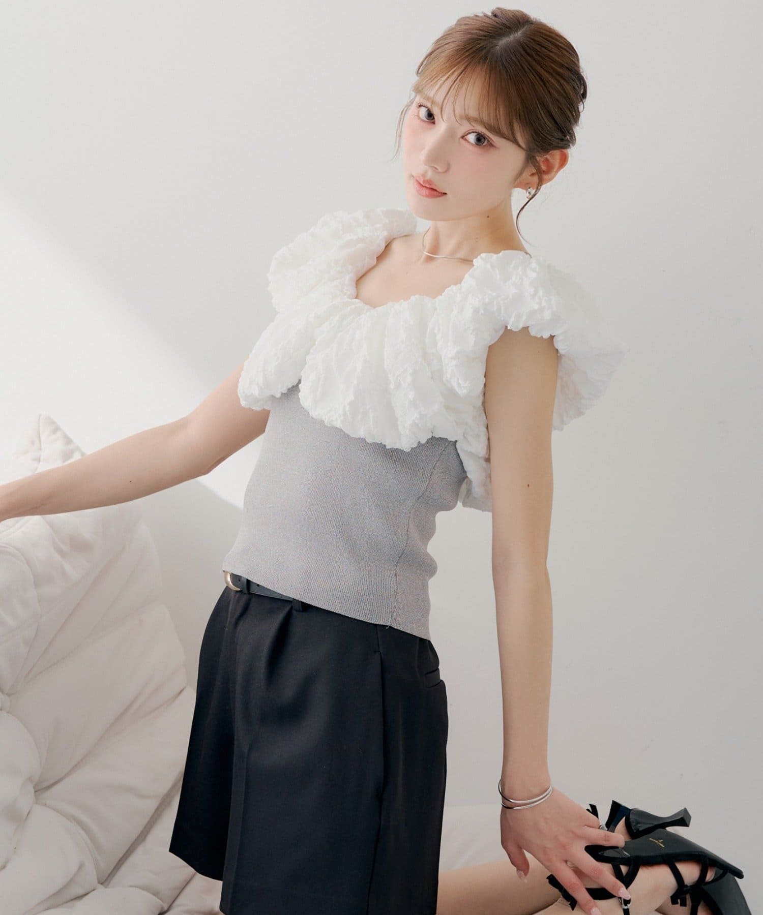 Chico(チコ) 【SALON by Chico】ジャガードパフスリーブドッキングニット