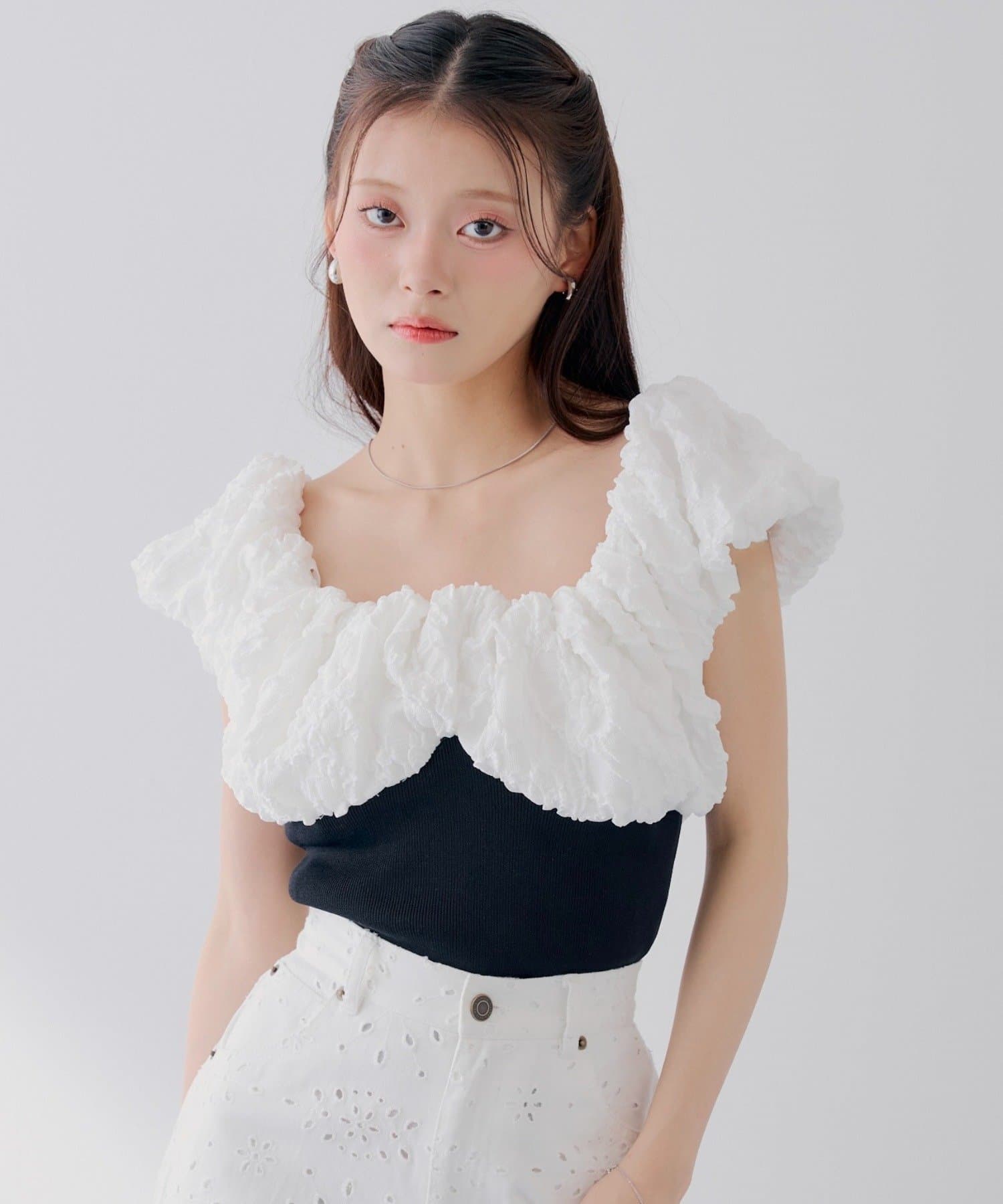 Chico(チコ) 【SALON by Chico】ジャガードパフスリーブドッキングニット