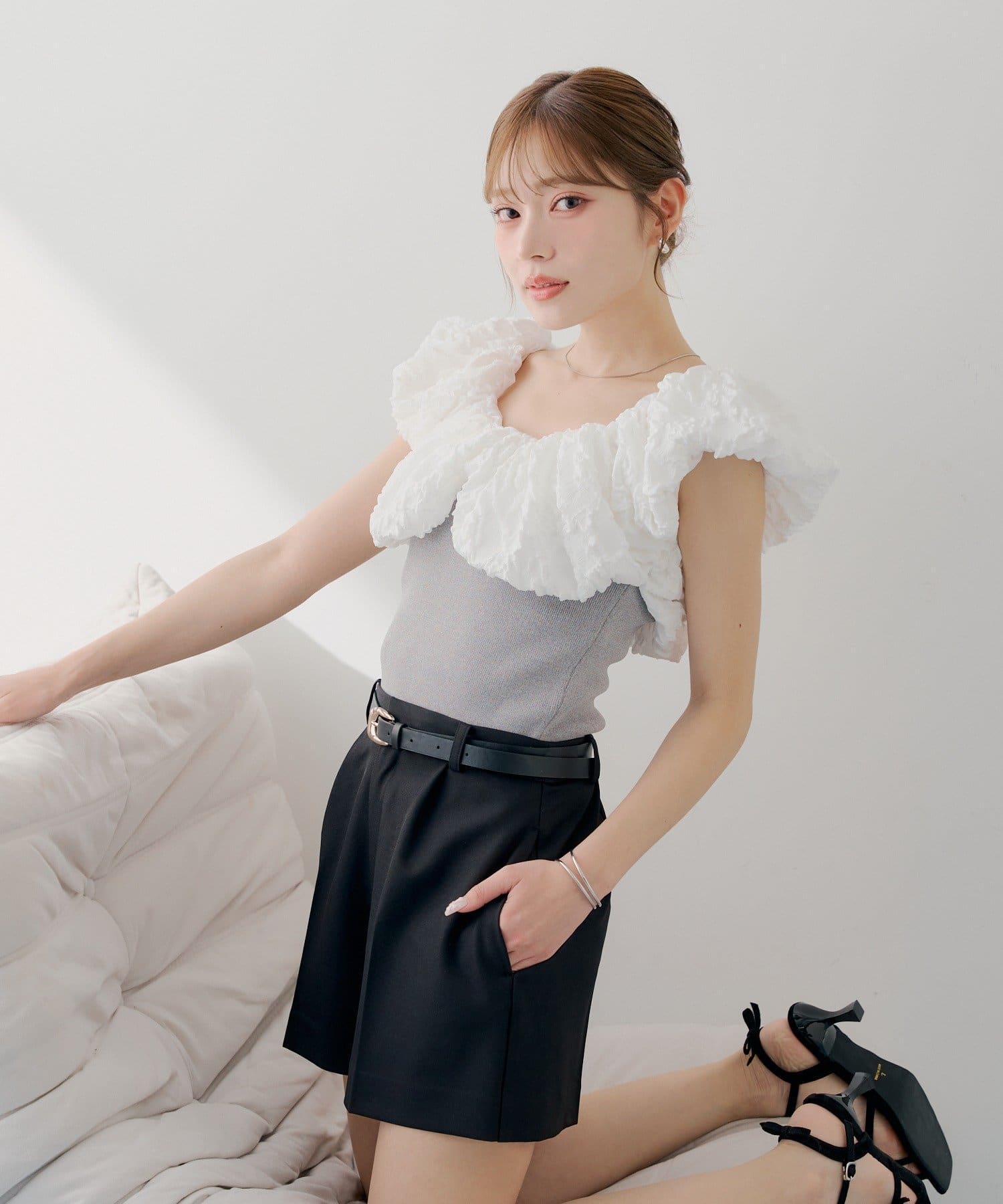 Chico(チコ) 【SALON by Chico】ジャガードパフスリーブドッキングニット