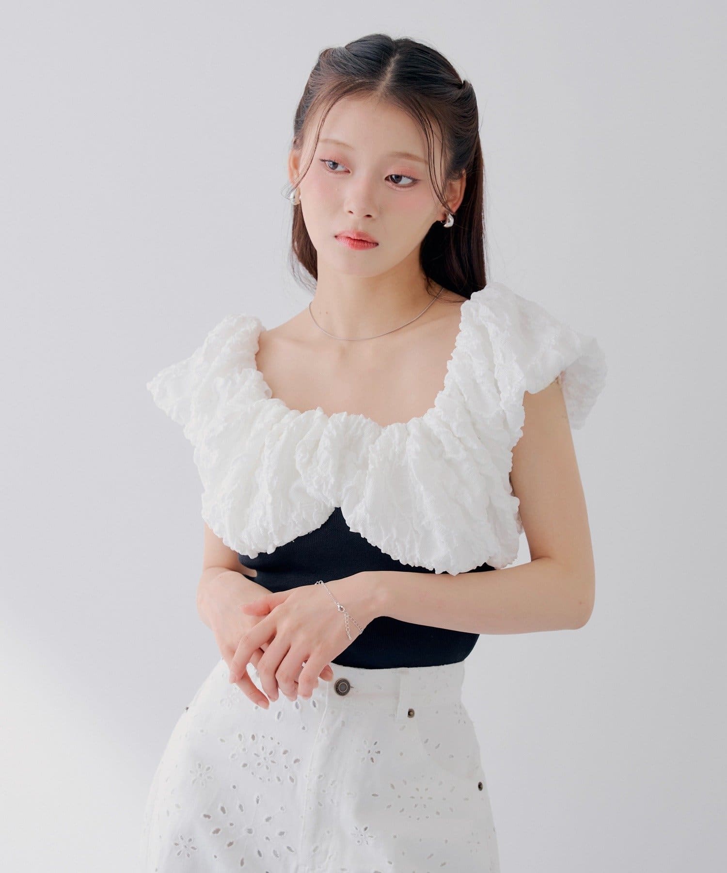 Chico(チコ) 【SALON by Chico】ジャガードパフスリーブドッキングニット