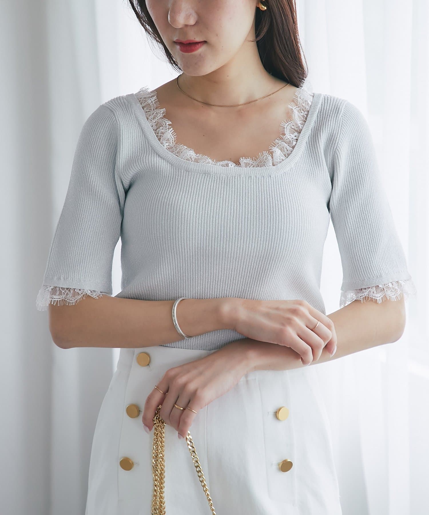 La boutique BonBon(ラブティックボンボン) クールタッチUVレース付き前後2WAYラメリブニット