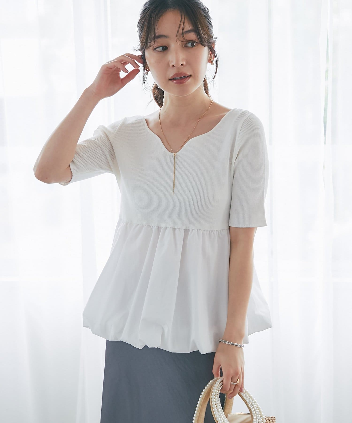 La boutique BonBon(ラブティックボンボン) クールタッチUV5分袖バルーンペプラムニット