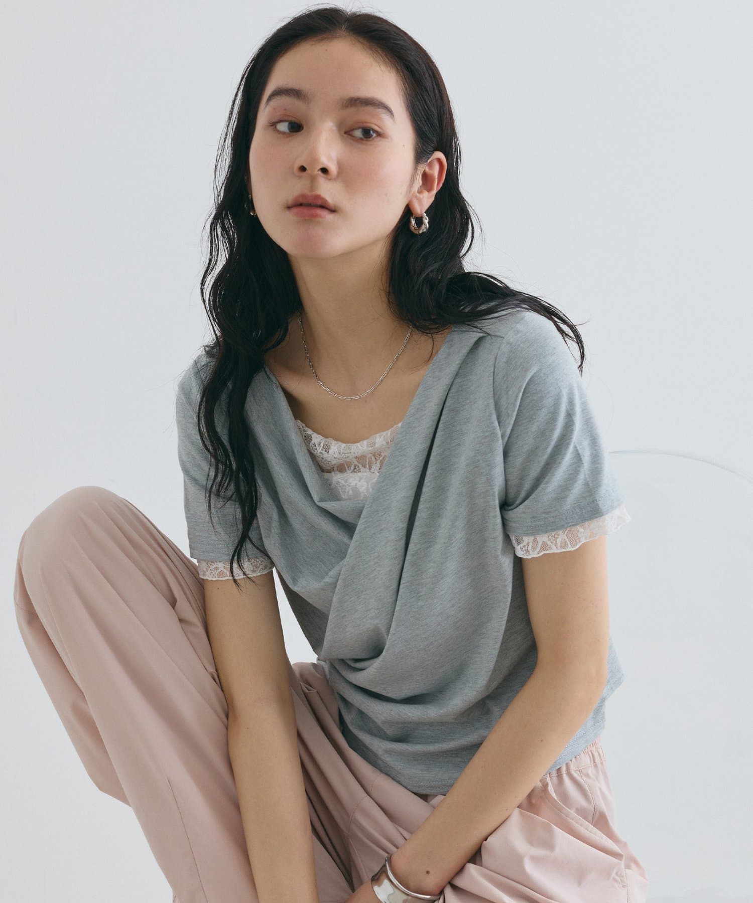 COLONY 2139(コロニー トゥーワンスリーナイン) 【WEB限定】ドレープレースドッキング半袖Tシャツ