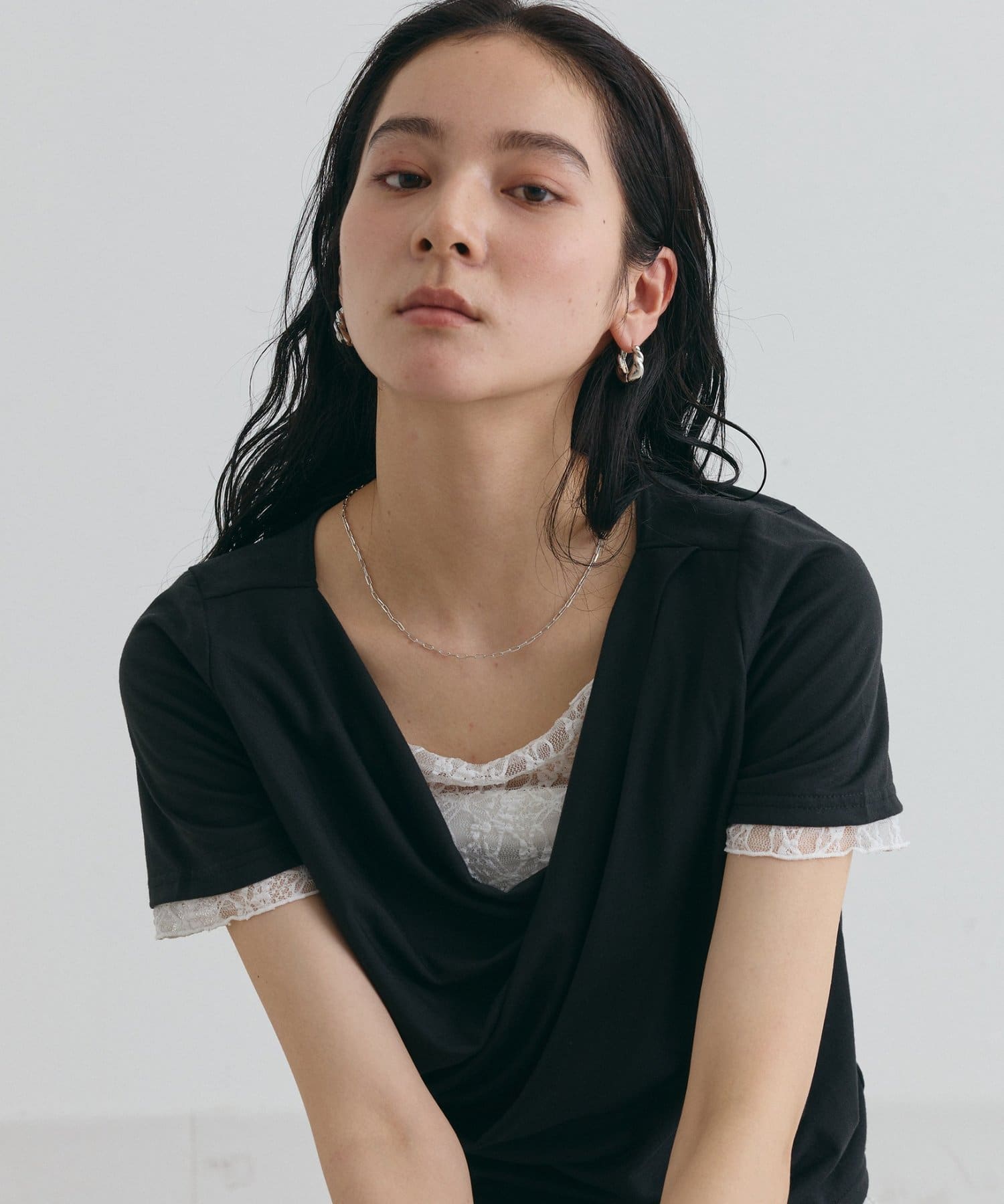 COLONY 2139(コロニー トゥーワンスリーナイン) 【WEB限定】ドレープレースドッキング半袖Tシャツ