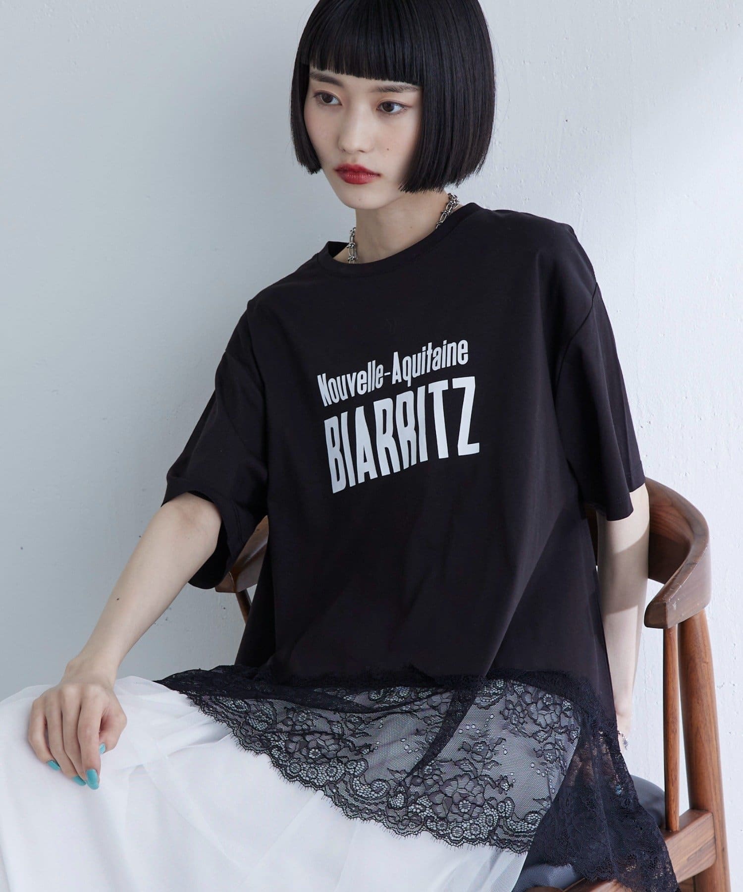 Lui's(ルイス) レース切替プリントロゴTシャツ