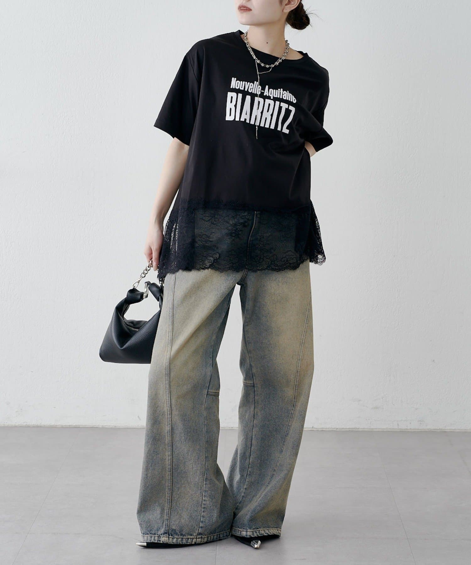 Lui's(ルイス) レース切替プリントロゴTシャツ