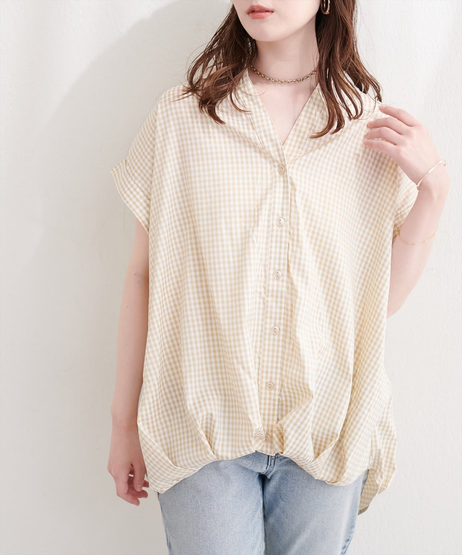 natural couture(ナチュラルクチュール) ギンガムチェック半袖シャツブラウス