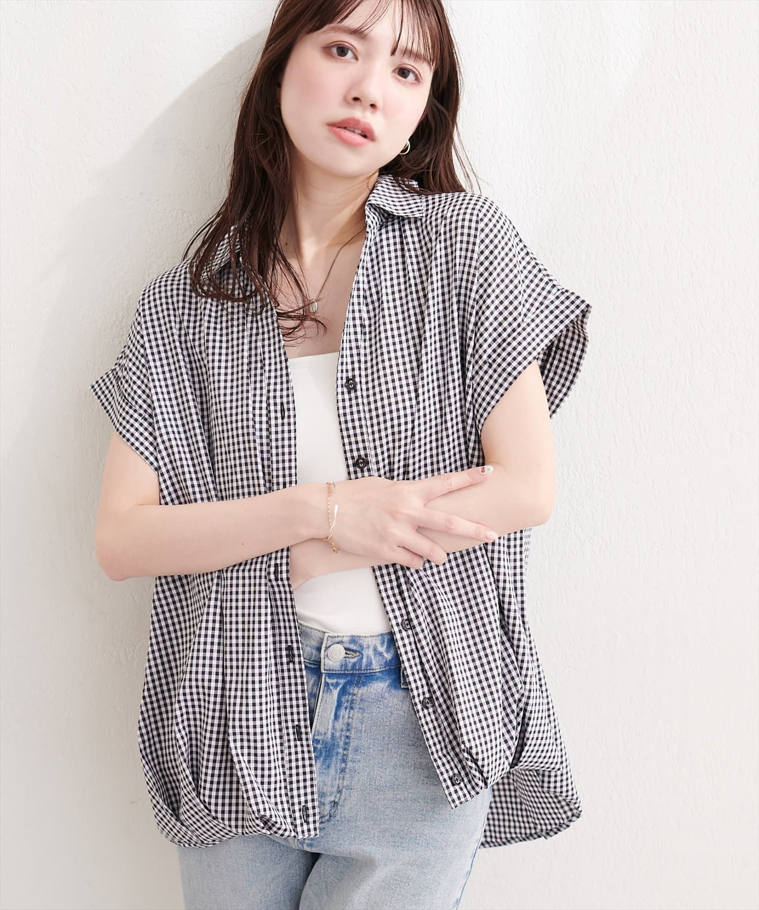 natural couture(ナチュラルクチュール) ギンガムチェック半袖シャツブラウス