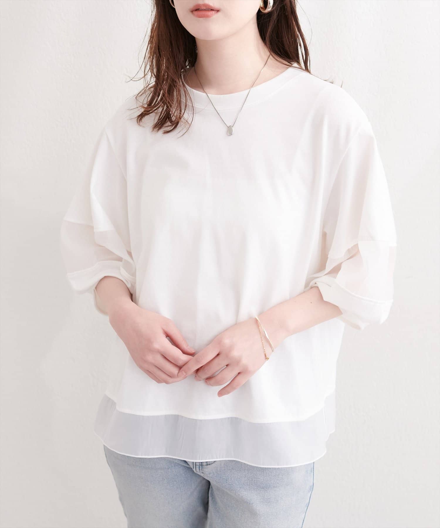 natural couture(ナチュラルクチュール) オーガンジー切り替えパフスリーブプルオーバー