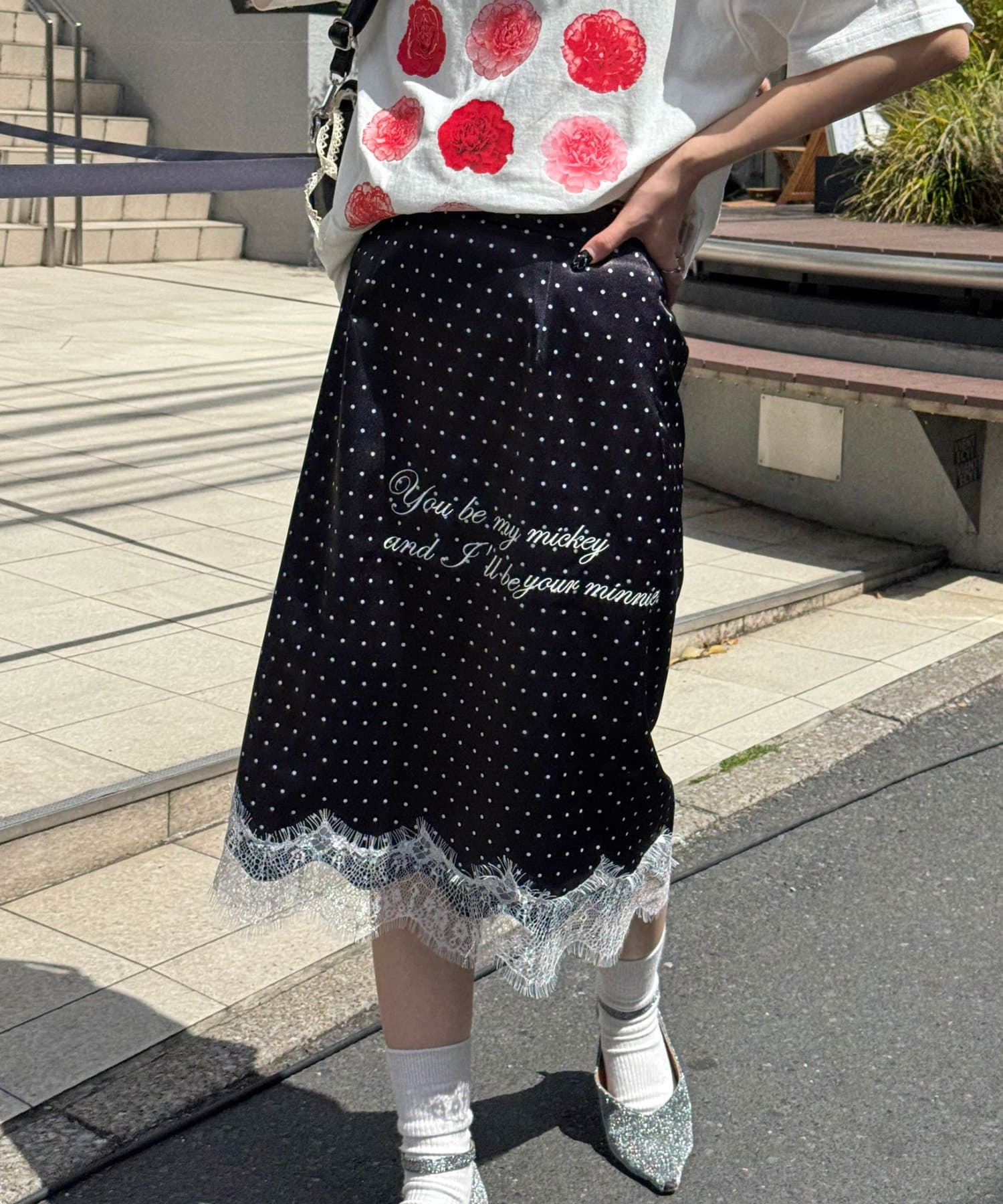 CIAOPANIC(チャオパニック) ドットサテン刺繍Iラインスカート