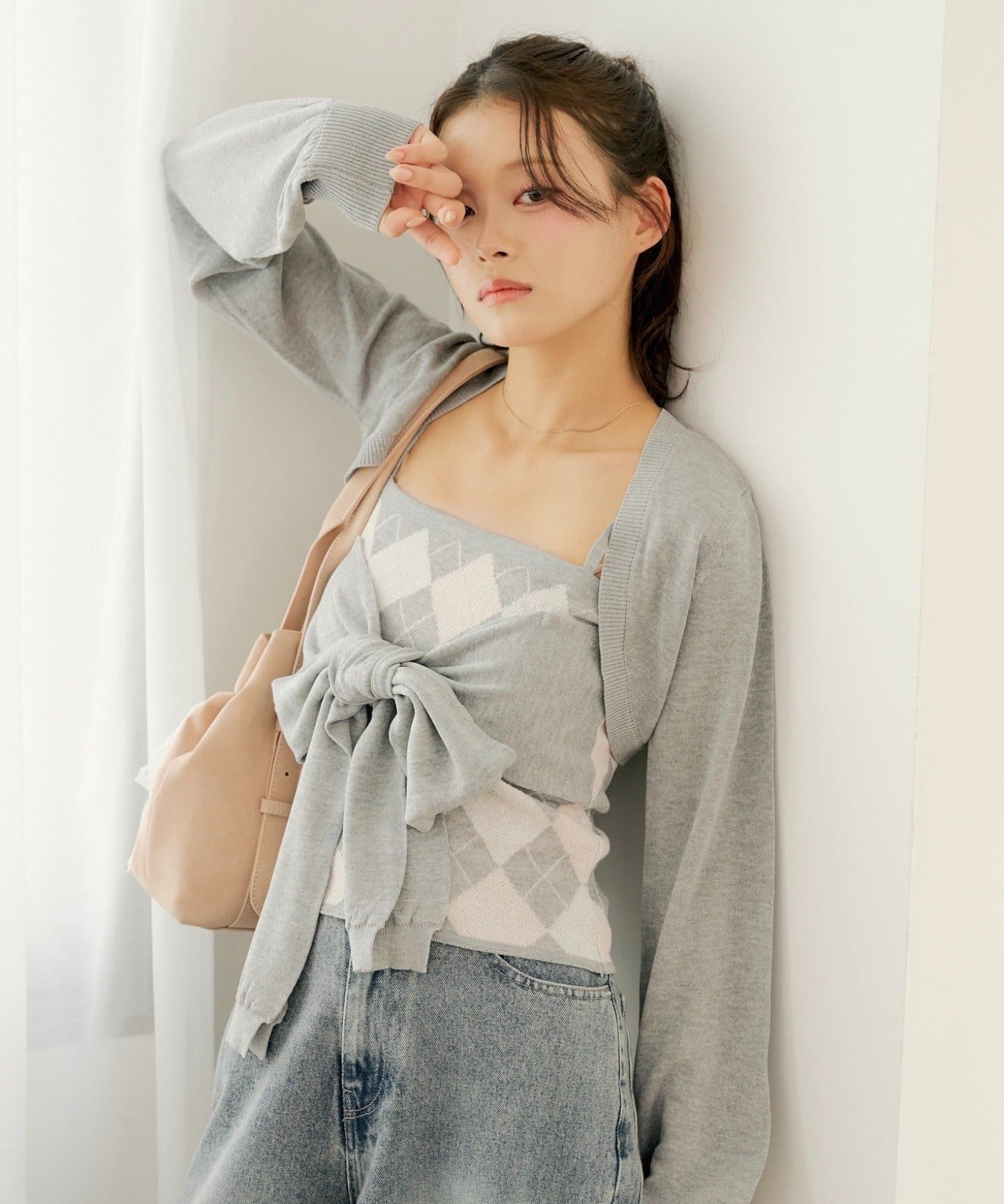 OUTLET(アウトレット) 【Chico】アーガイルリボンキャミカーディガンセット