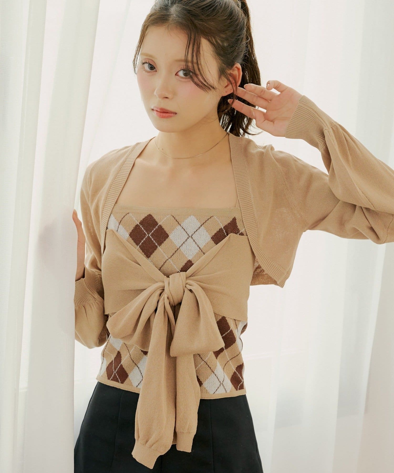 OUTLET(アウトレット) 【Chico】アーガイルリボンキャミカーディガンセット