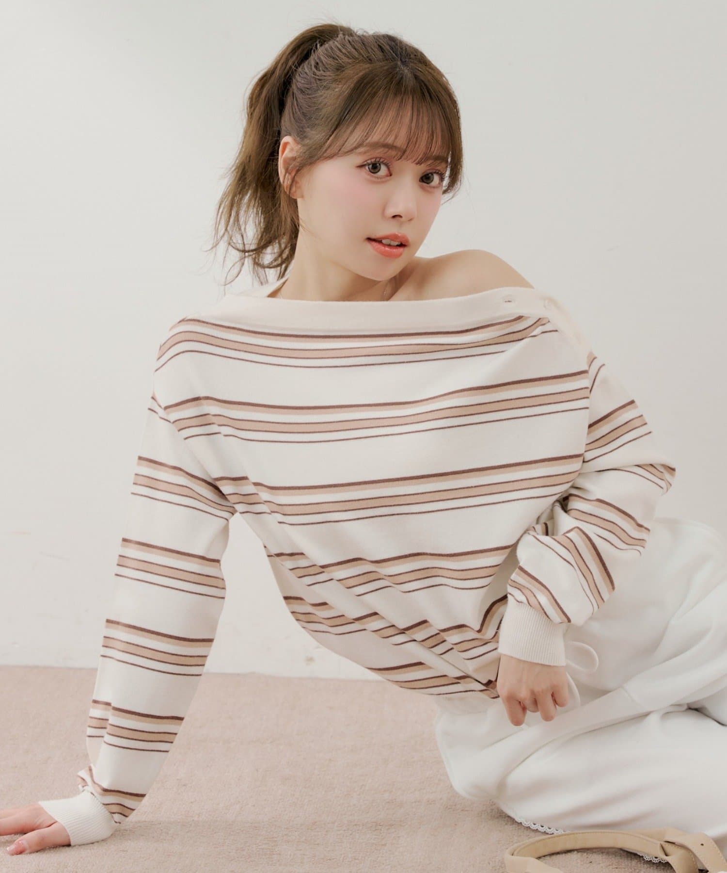 OUTLET(アウトレット) 【Chico】ワンショルボーダーニット