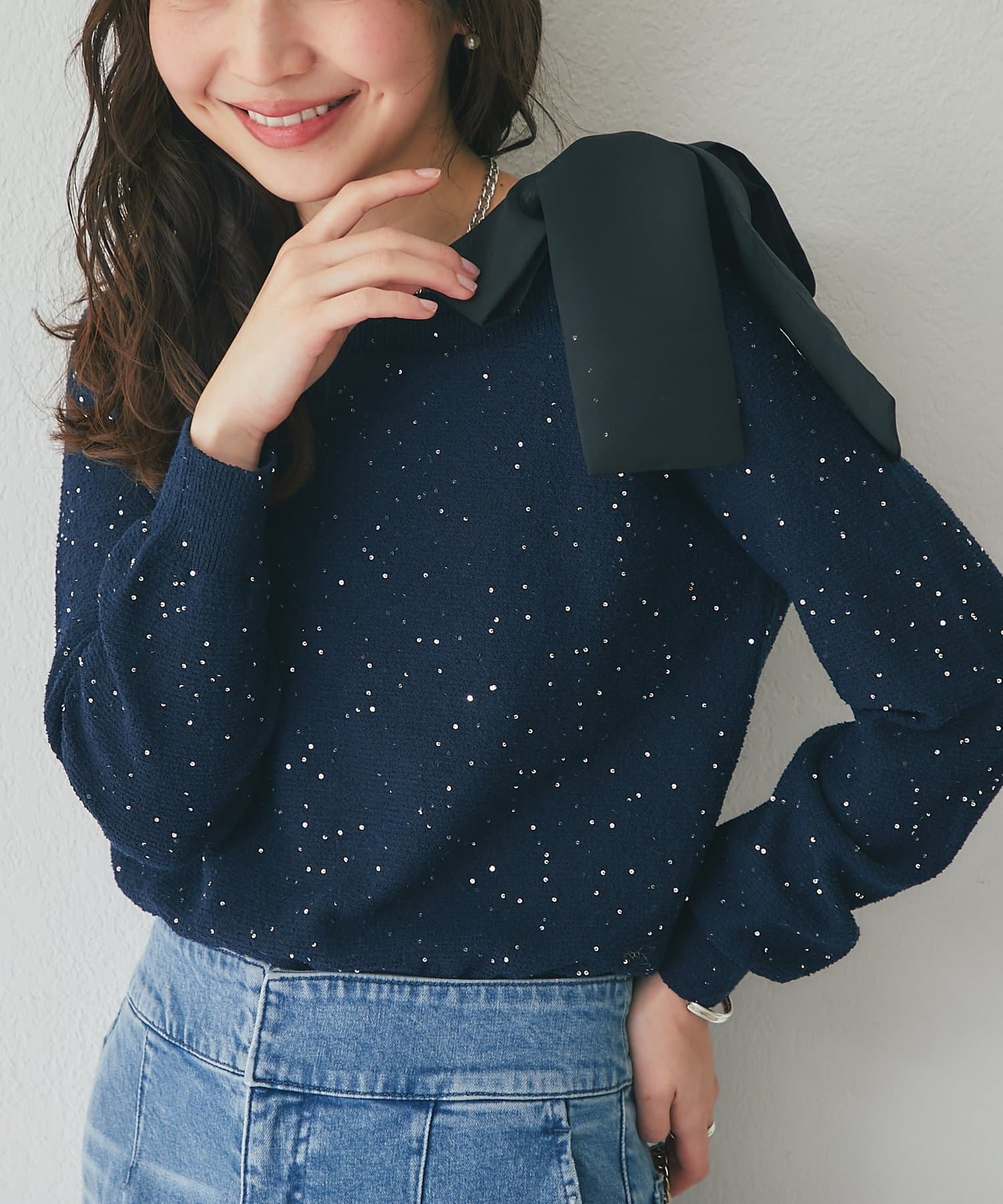 OUTLET(アウトレット) 【La boutique BonBon】スパンコールオフショルリボンニット