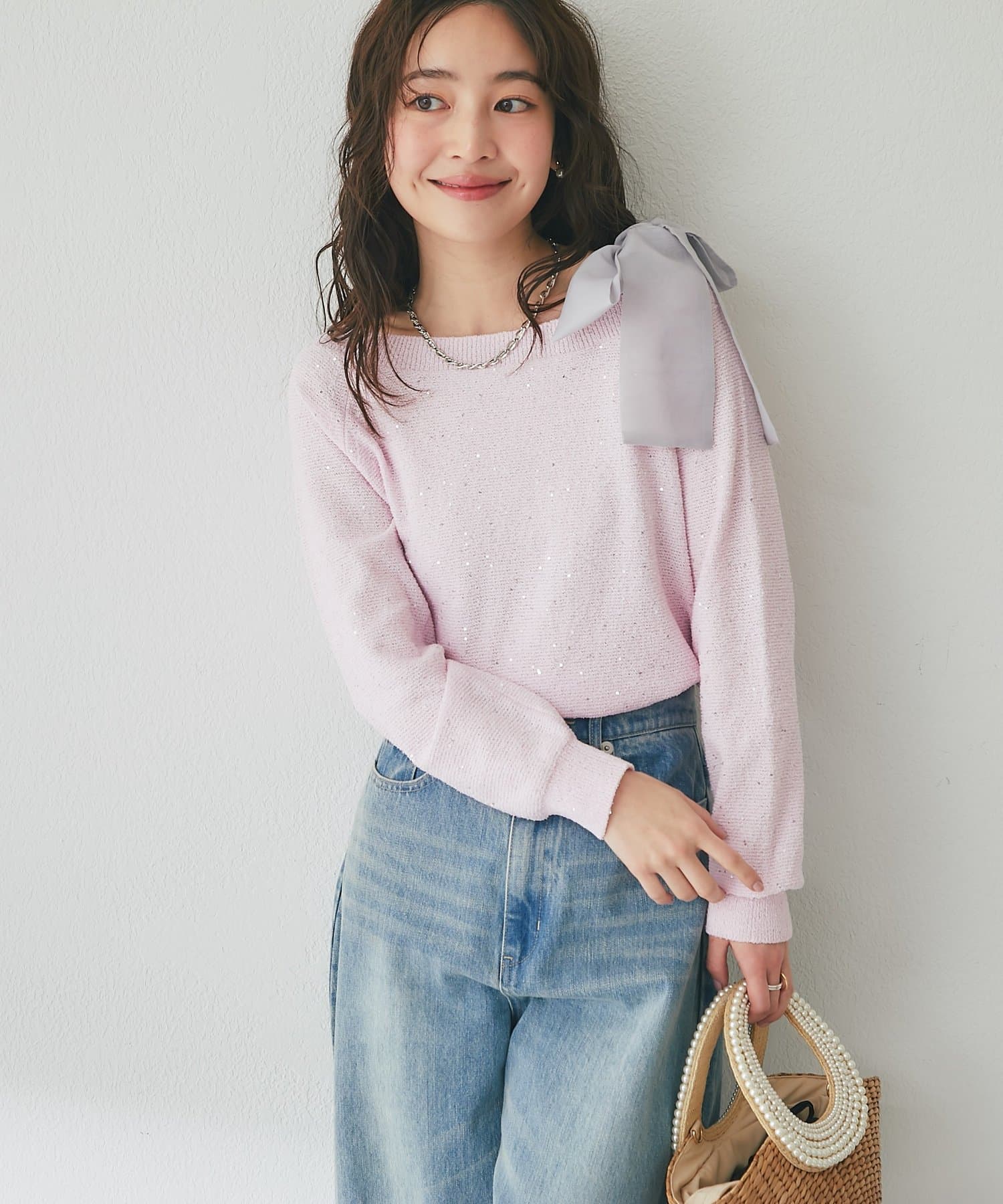 OUTLET(アウトレット) 【La boutique BonBon】スパンコールオフショルリボンニット