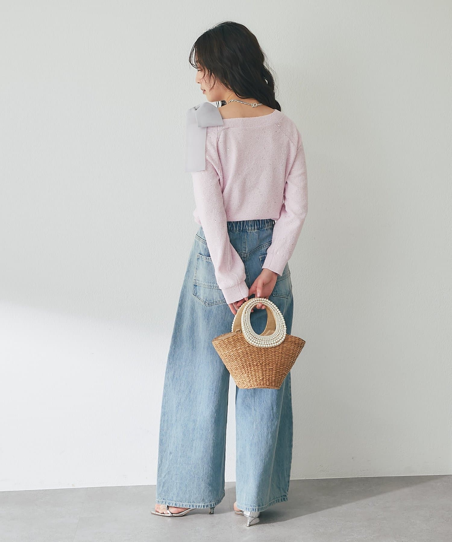 OUTLET(アウトレット) 【La boutique BonBon】スパンコールオフショルリボンニット