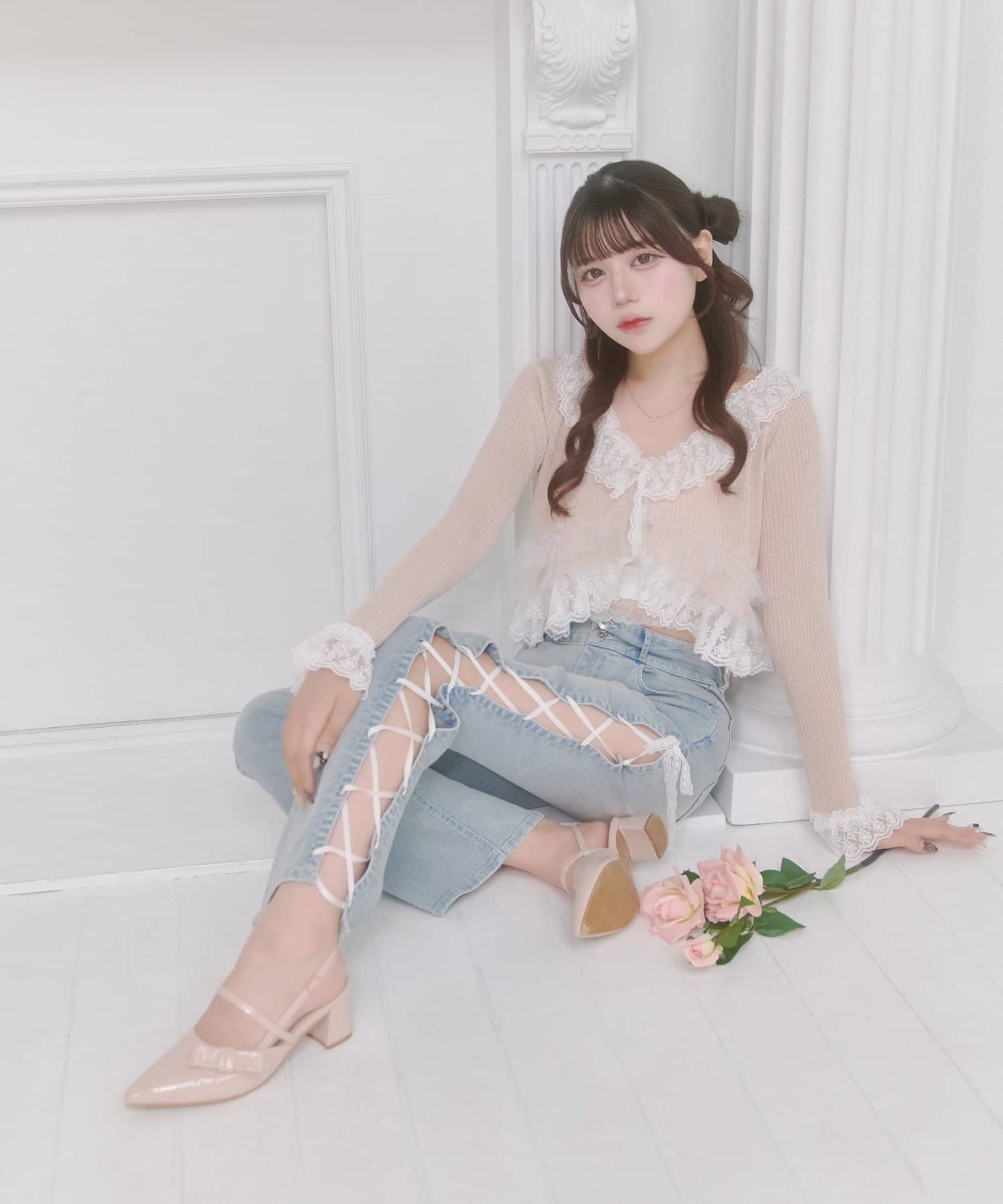Belle Charme(ベルシャルム) Side Lace-up Flare Denim