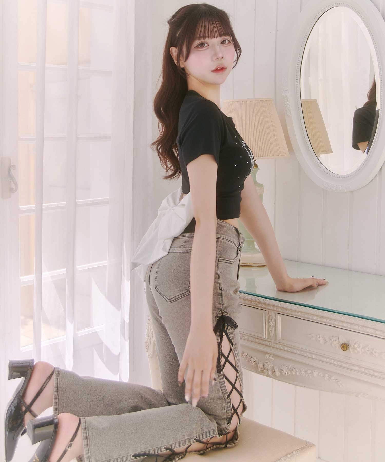 Belle Charme(ベルシャルム) Side Lace-up Flare Denim