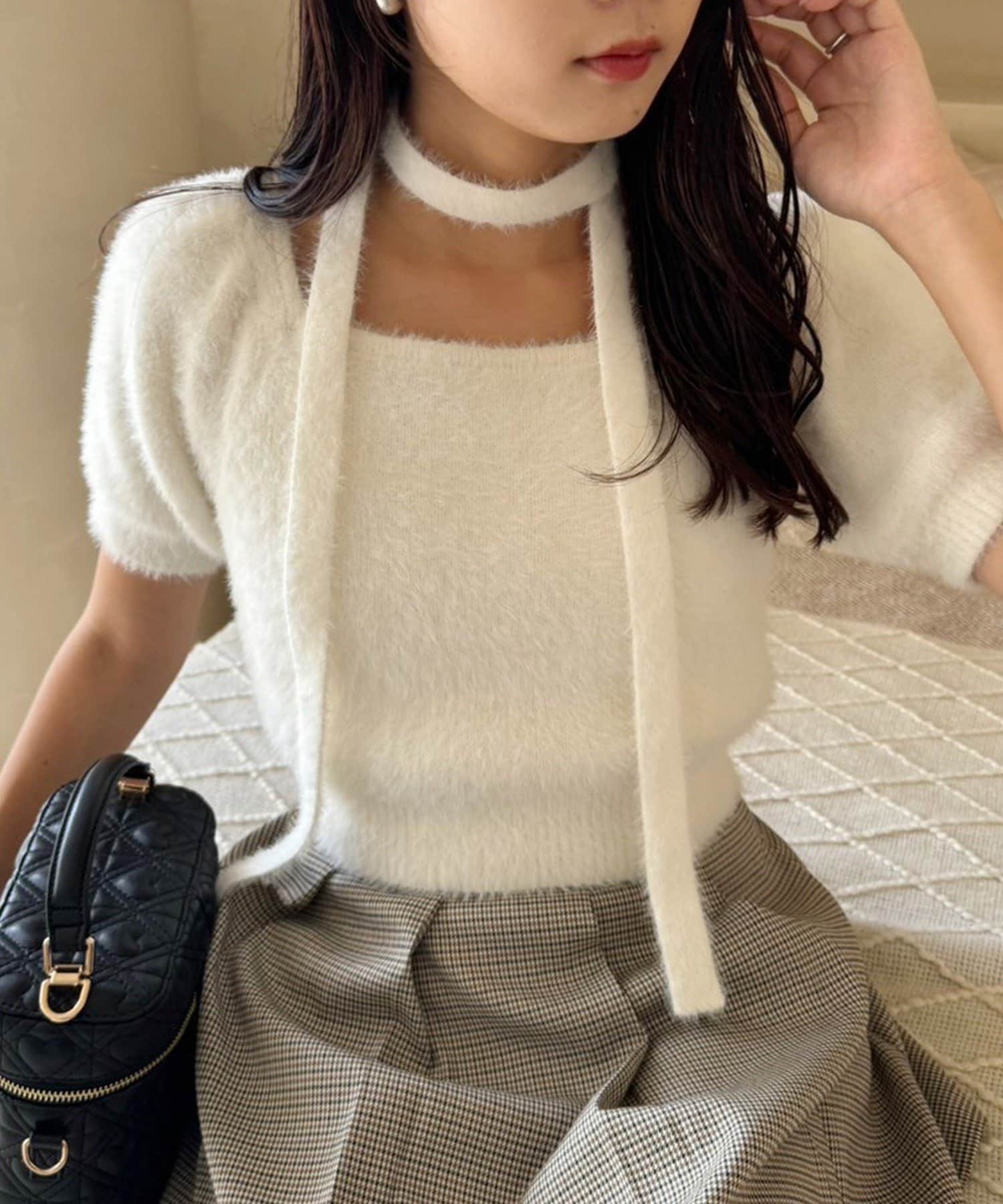 NICE CLAUP / OLIVE des OLIVE OUTLET(ナイスクラップ  / オリーブ デ オリーブ アウトレット) 【one after another】チョーカー付き半袖フェザーニット