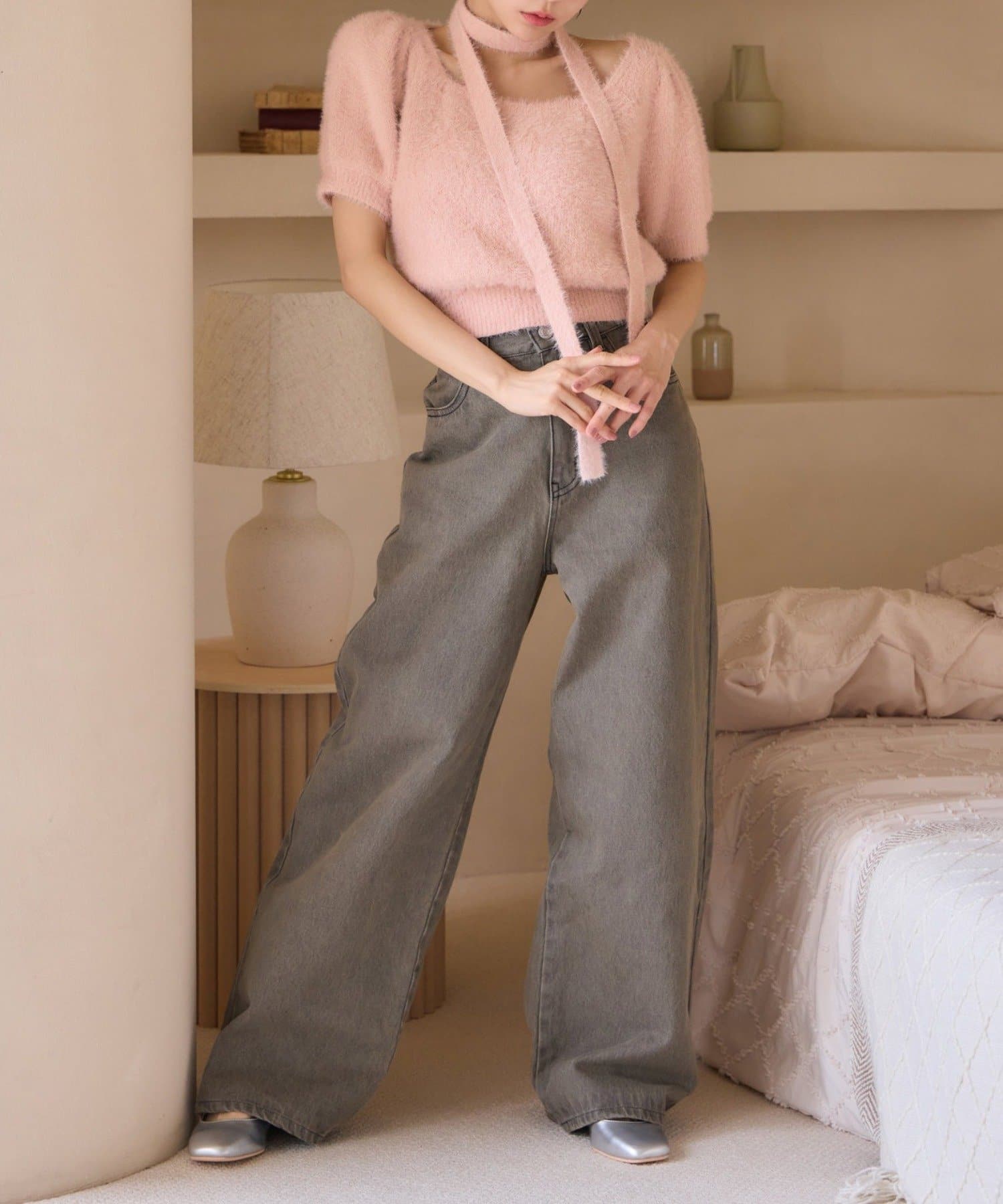 NICE CLAUP / OLIVE des OLIVE OUTLET(ナイスクラップ  / オリーブ デ オリーブ アウトレット) 【one after another】チョーカー付き半袖フェザーニット