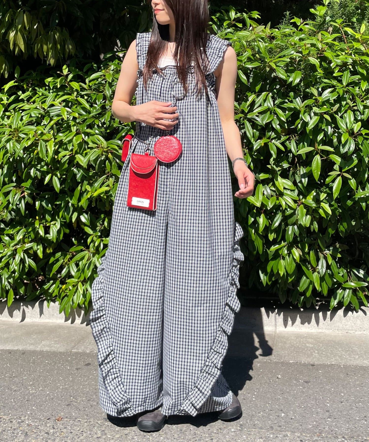 CIAOPANIC(チャオパニック) アソート柄ショルダーシャーリングフリルサロペット