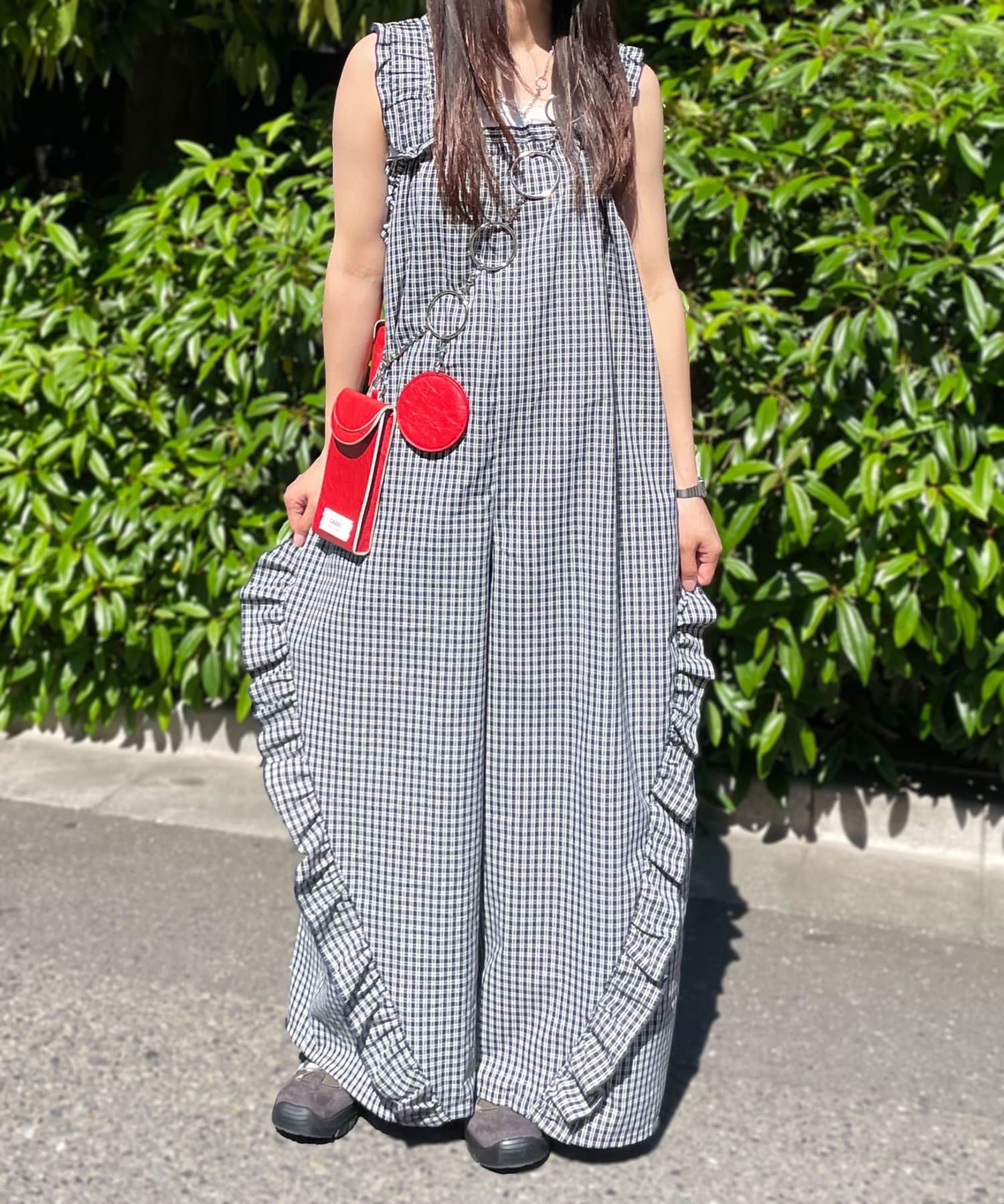 CIAOPANIC(チャオパニック) アソート柄ショルダーシャーリングフリルサロペット