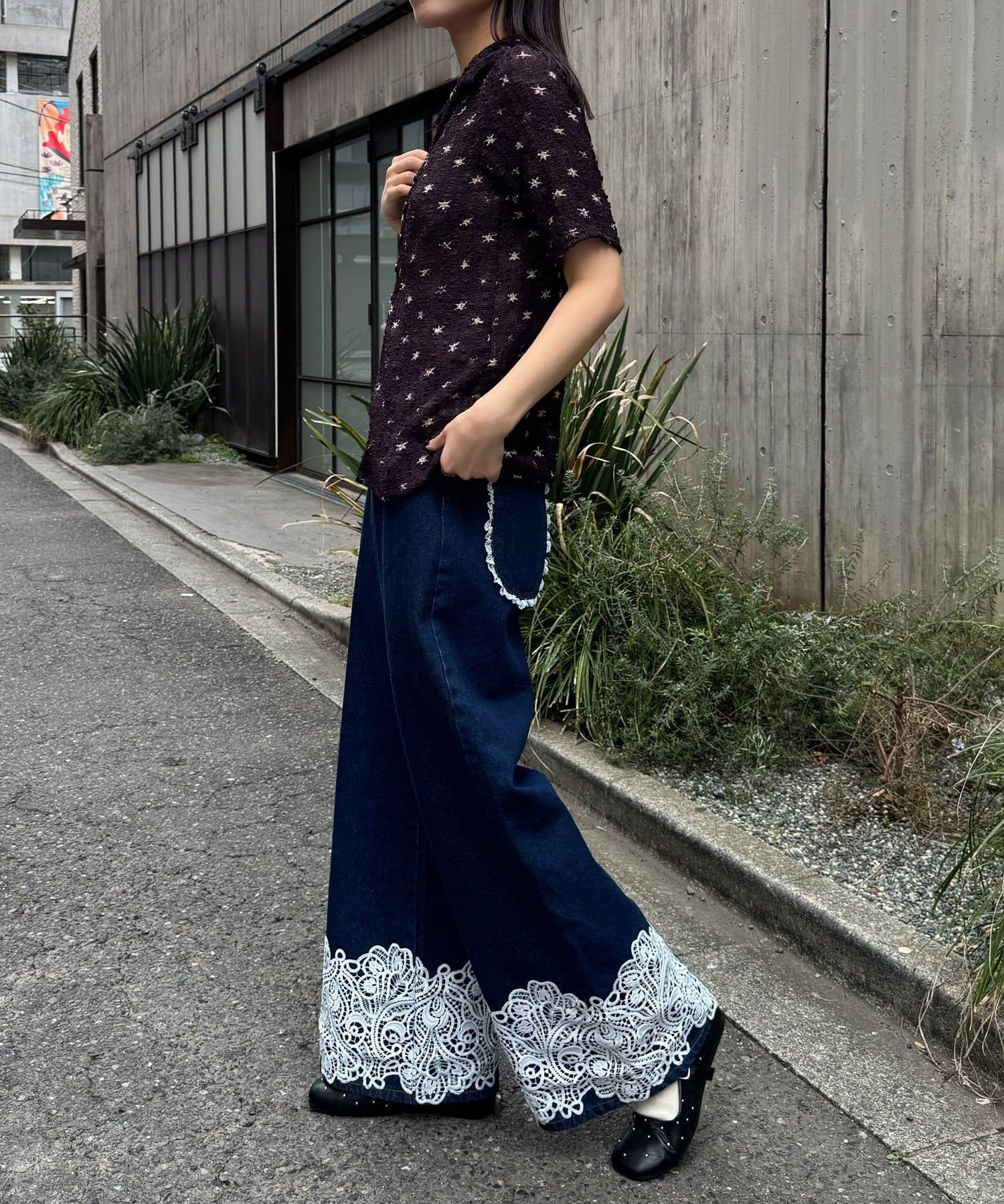 CIAOPANIC(チャオパニック) 裾レースワイドストレートデニムパンツ