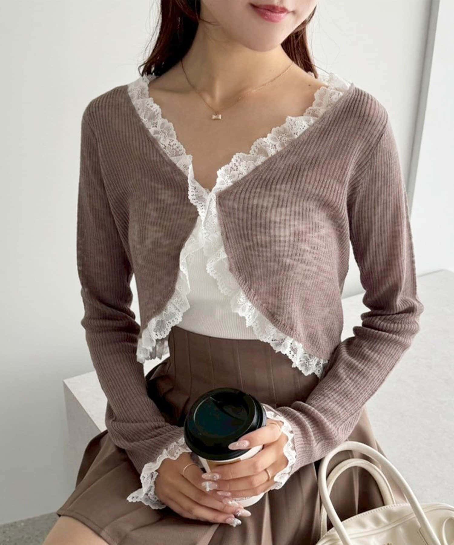 NICE CLAUP / OLIVE des OLIVE OUTLET(ナイスクラップ  / オリーブ デ オリーブ アウトレット) 【one after another】レース切り替えカーデ