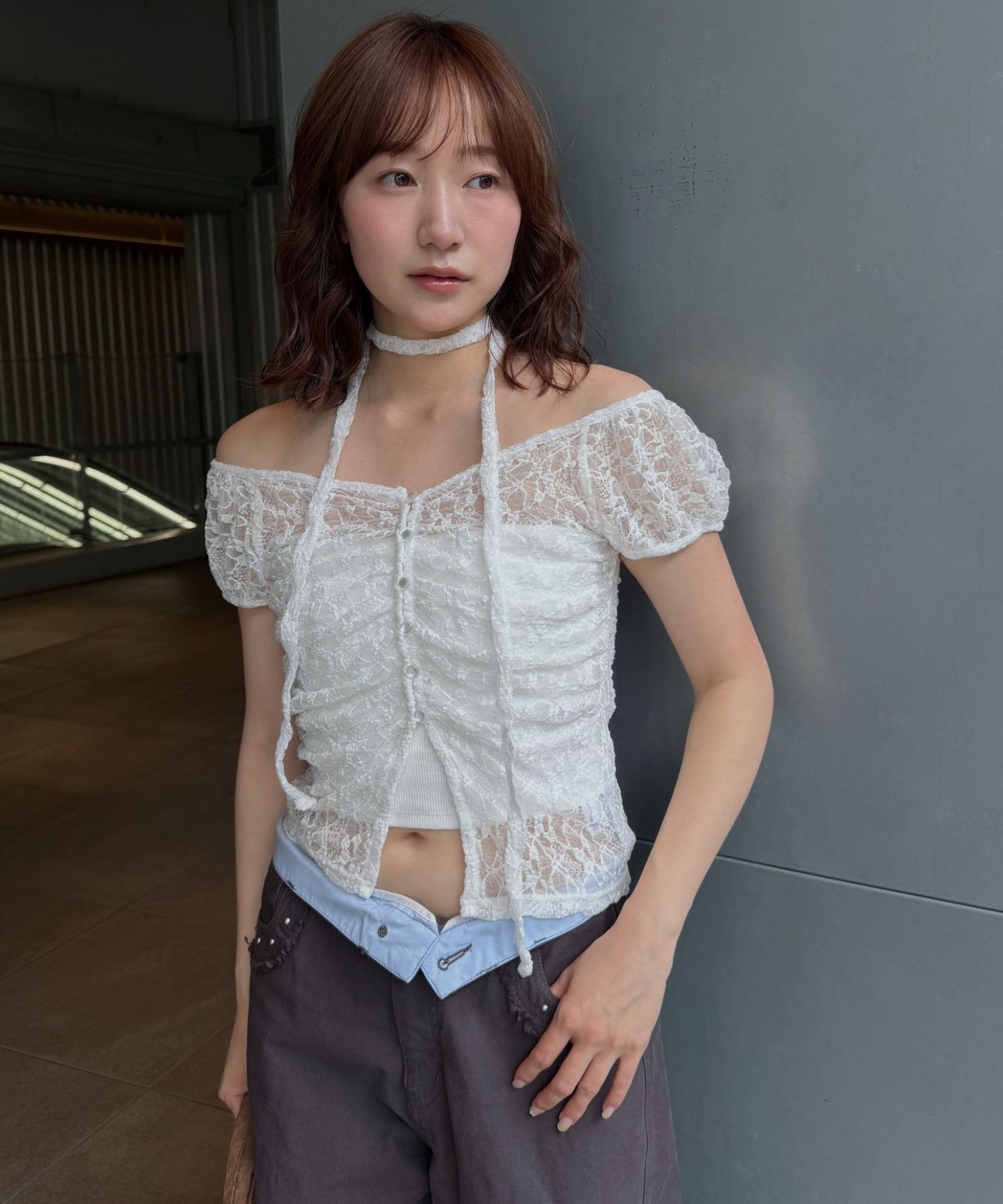 mline(エムライン) [mline]フレンチギャザーレース チョーカートップス
