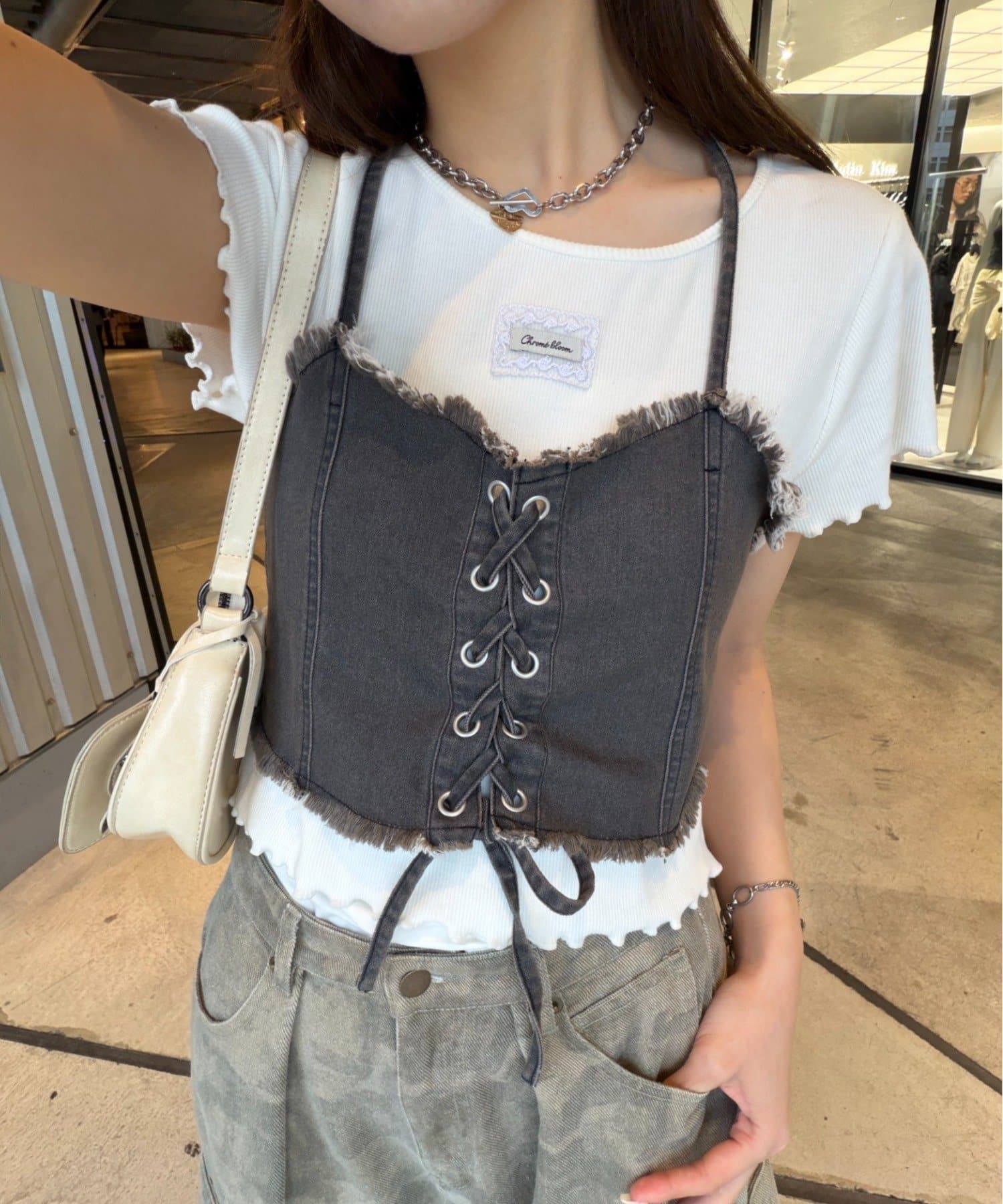 w closet(ダブルクローゼット) レースアップデニムビスチェ