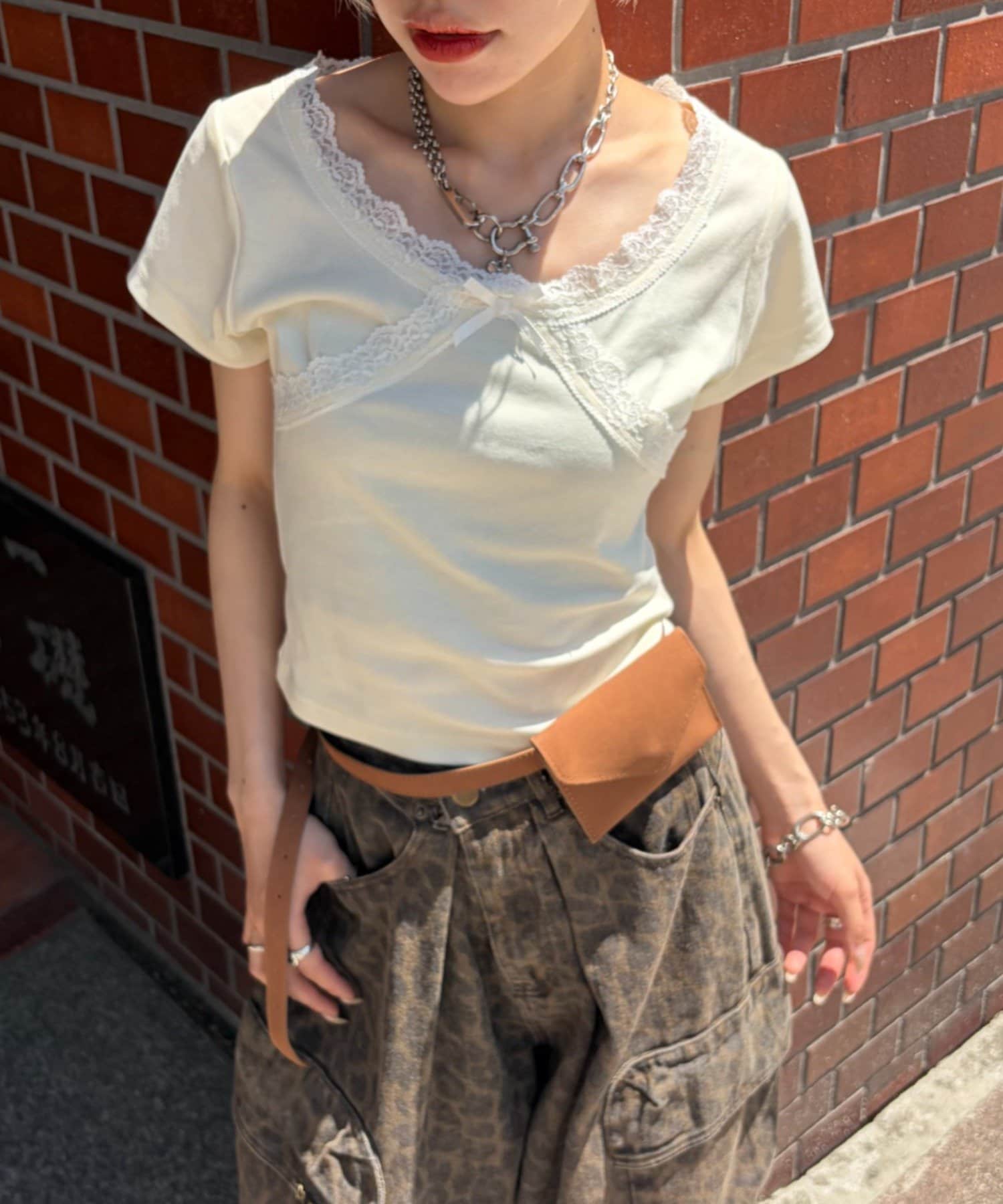 w closet(ダブルクローゼット) レース使いTシャツ