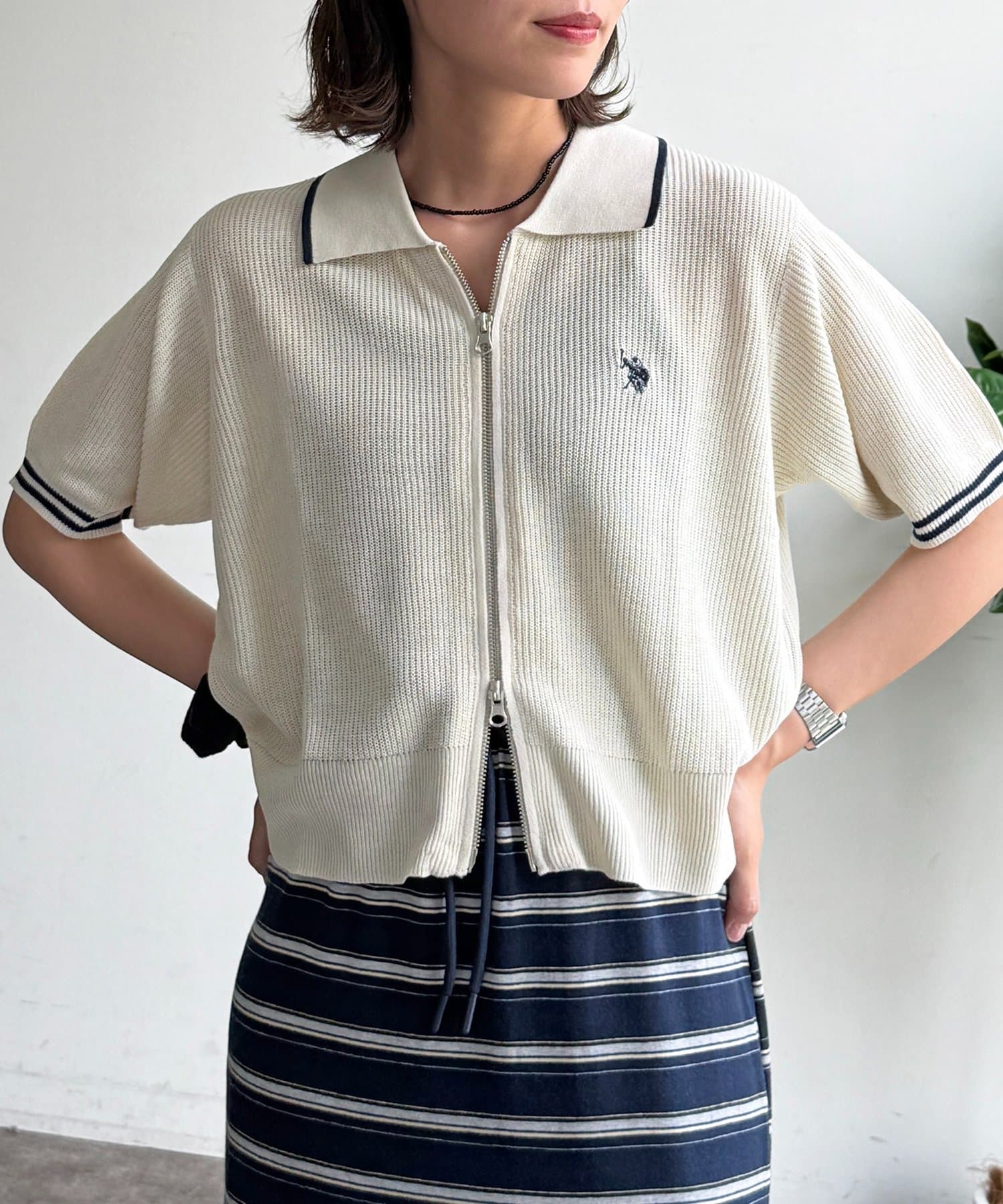 CPCM(シーピーシーエム) 【U.S. POLO ASSN.】襟付きジップ半袖カーディガン