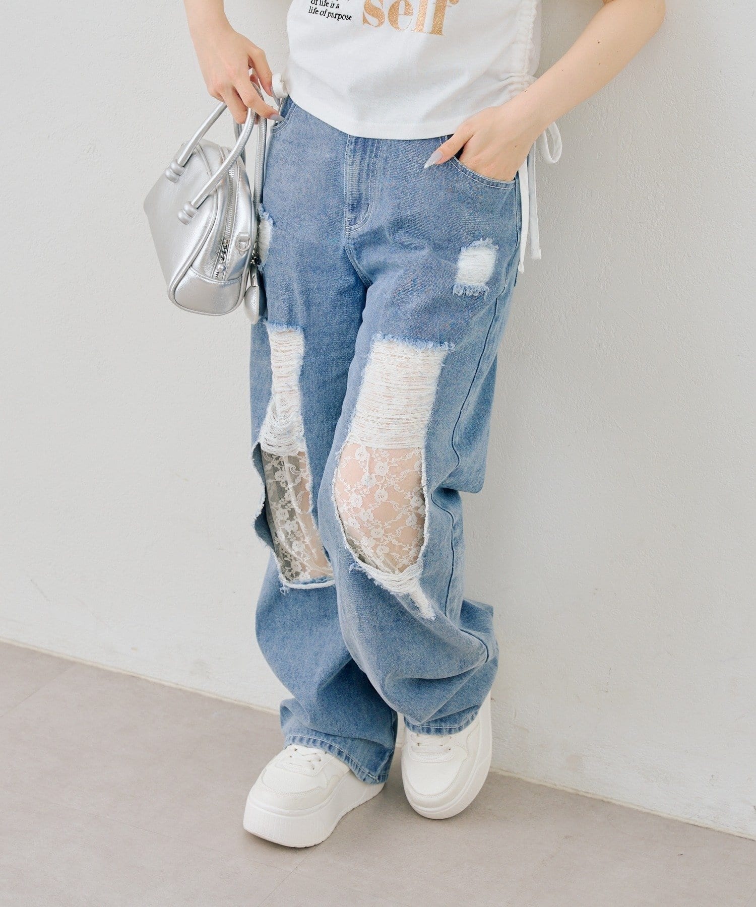 NICE CLAUP / OLIVE des OLIVE OUTLET(ナイスクラップ  / オリーブ デ オリーブ アウトレット) 【continuer】ダメージ&レースストレートデニム
