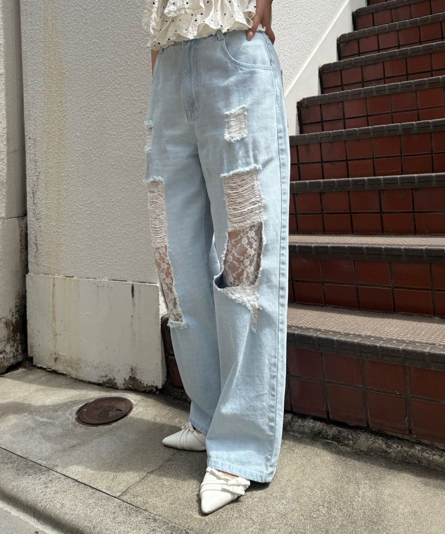 NICE CLAUP / OLIVE des OLIVE OUTLET(ナイスクラップ  / オリーブ デ オリーブ アウトレット) 【continuer】ダメージ&レースストレートデニム