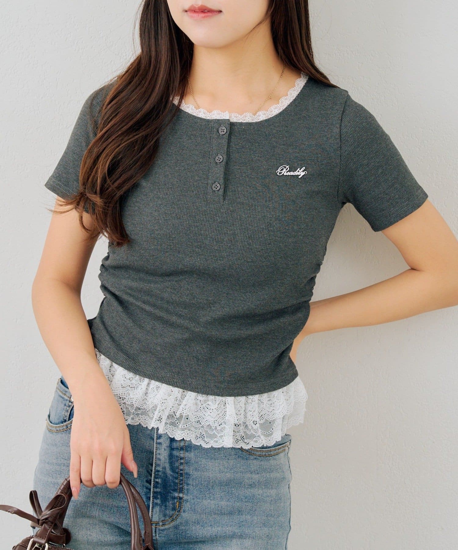 NICE CLAUP / OLIVE des OLIVE OUTLET(ナイスクラップ  / オリーブ デ オリーブ アウトレット) 【ANOTHER BRANCH】テレコ裾レースヘンリーTシャツ