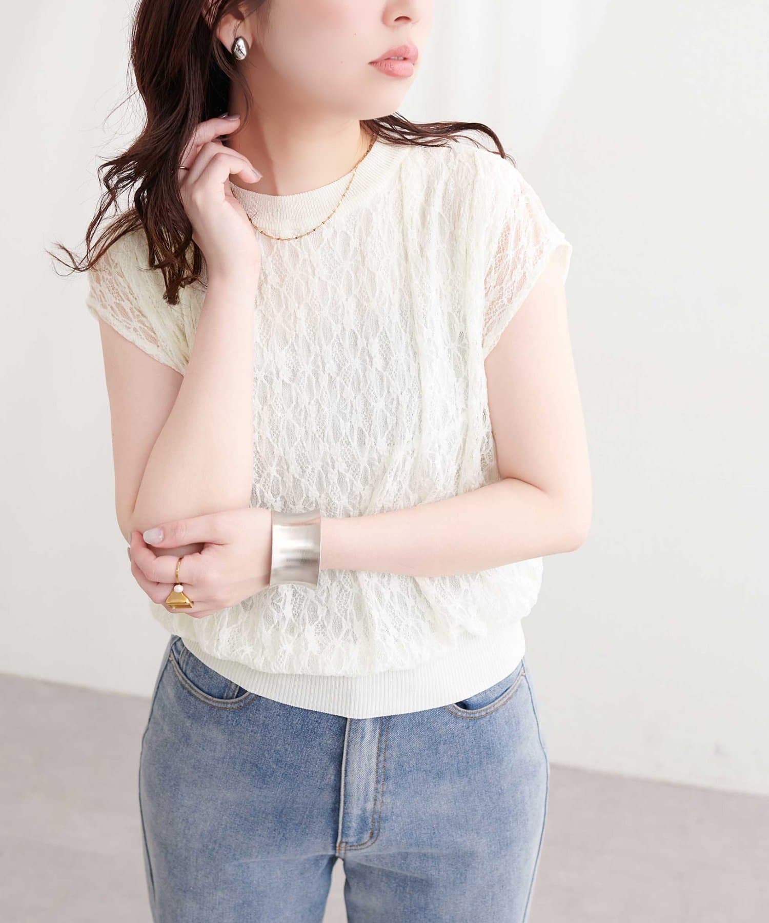 natural couture(ナチュラルクチュール) 【sherbet line】接触冷感レースレイヤードニット