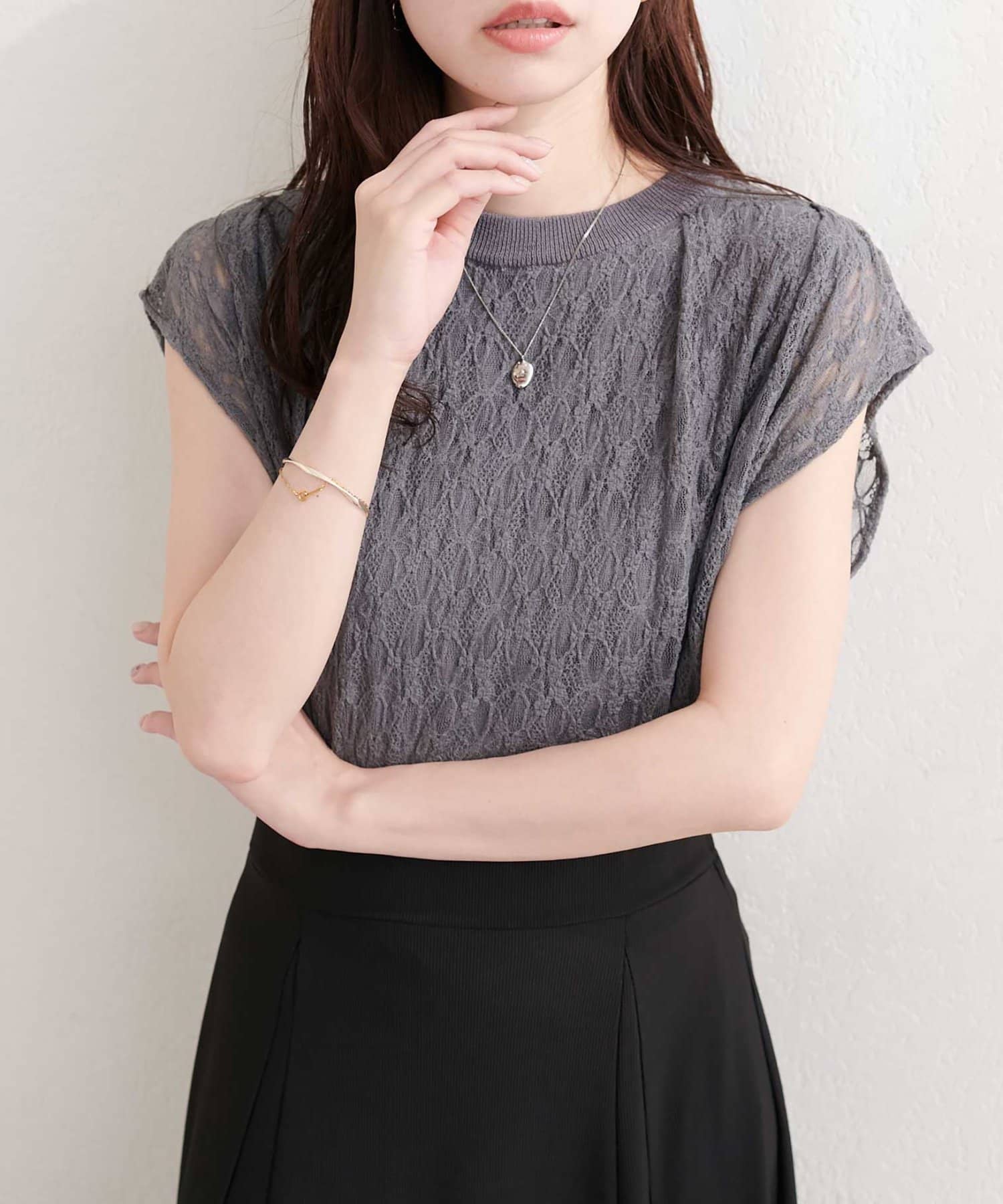 natural couture(ナチュラルクチュール) 【sherbet line】接触冷感レースレイヤードニット