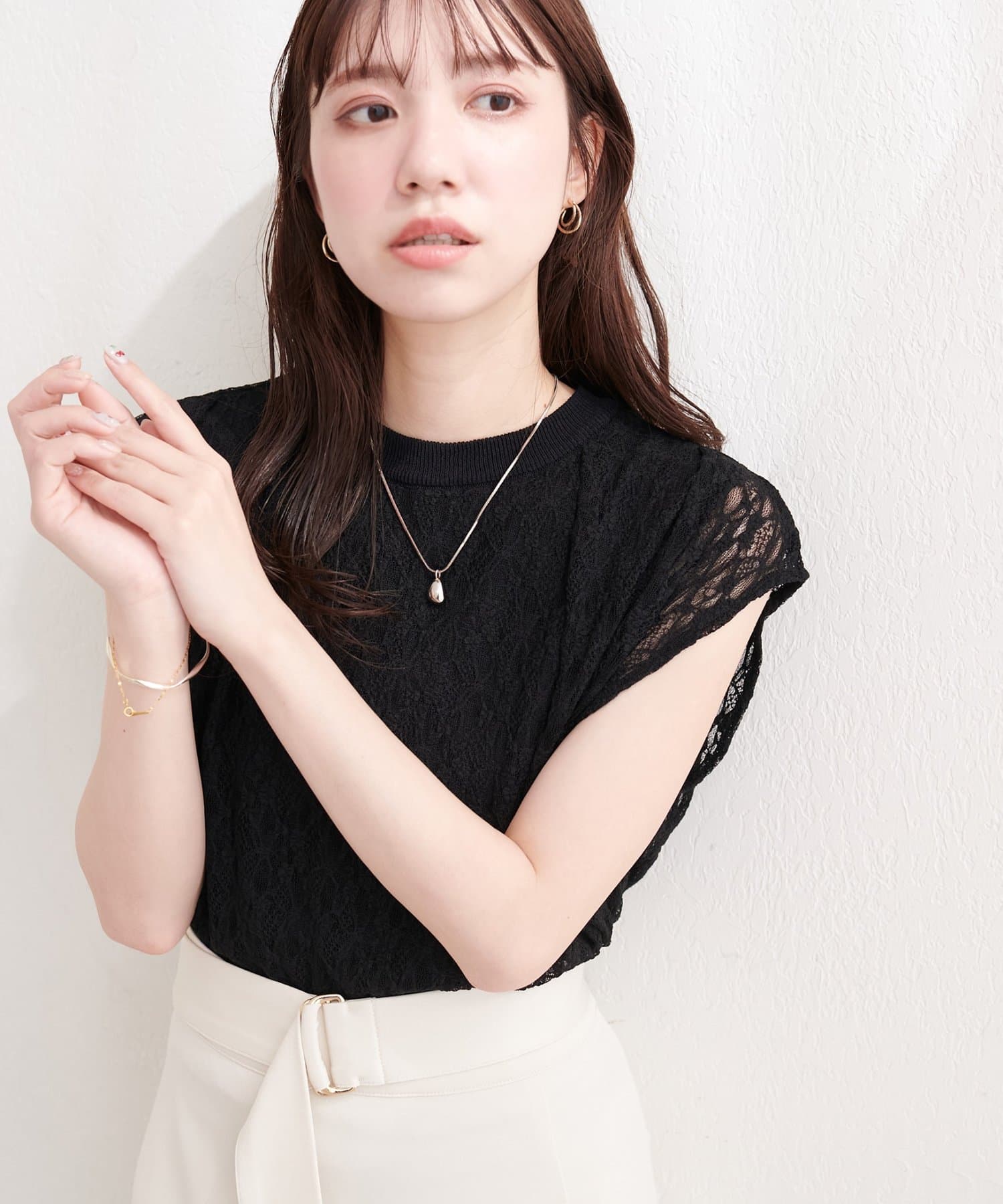 natural couture(ナチュラルクチュール) 【sherbet line】接触冷感レースレイヤードニット