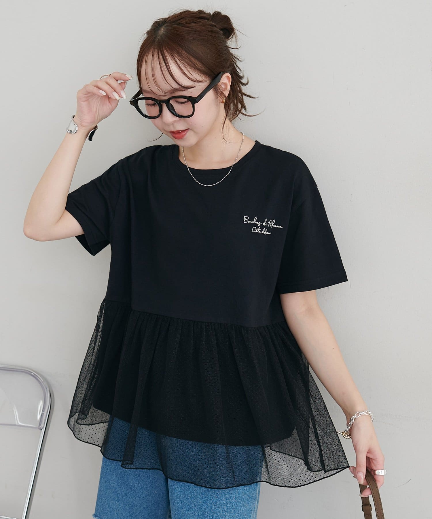 DISCOAT(ディスコート) 【WEB限定】チュールギャザーTシャツ