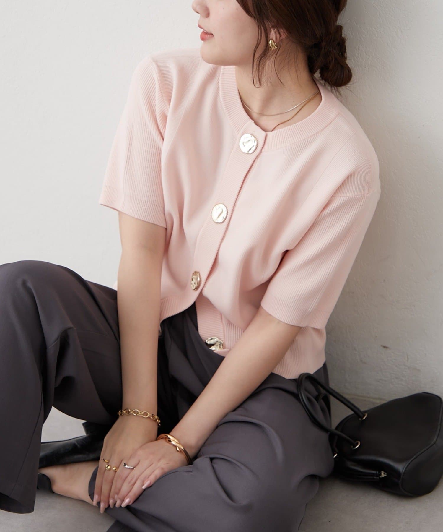 Remind me and forever(リマインドミーアンドフォーエバー) BIGボタンクルーネック5分袖カーディガン