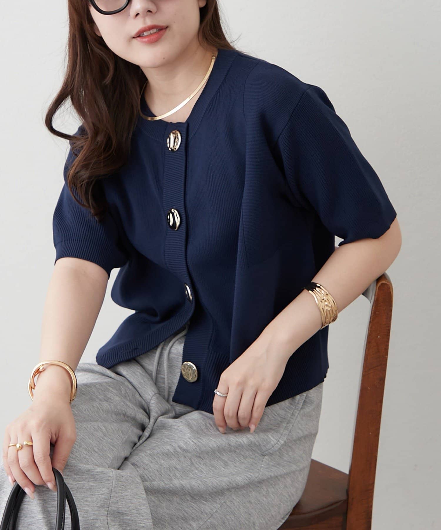 Remind me and forever(リマインドミーアンドフォーエバー) BIGボタンクルーネック5分袖カーディガン