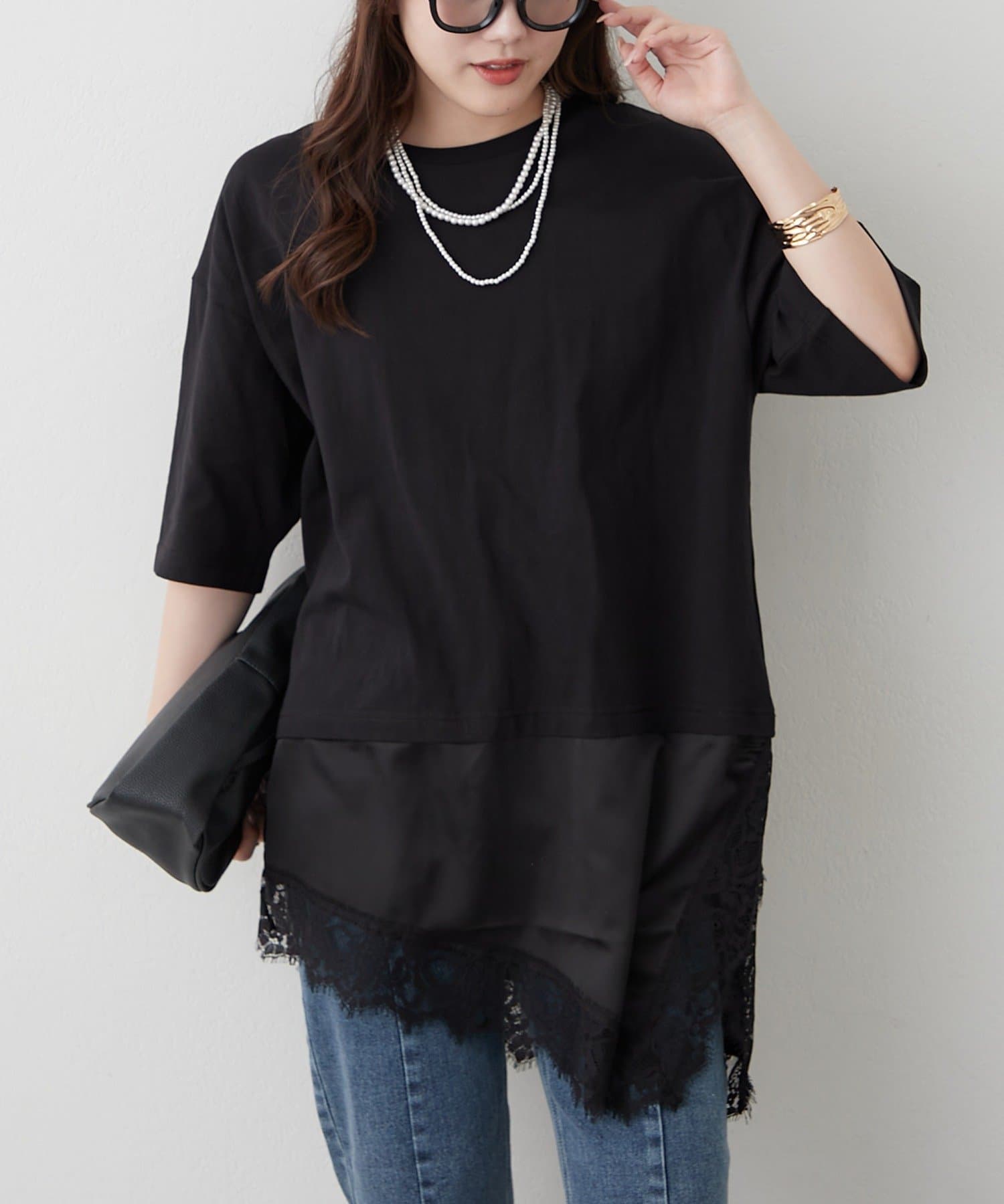 Remind me and forever(リマインドミーアンドフォーエバー) サテン×レースドッキングTシャツ