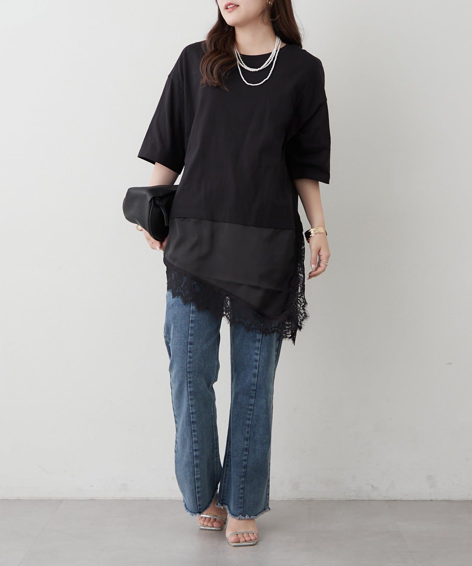 Remind me and forever(リマインドミーアンドフォーエバー) サテン×レースドッキングTシャツ