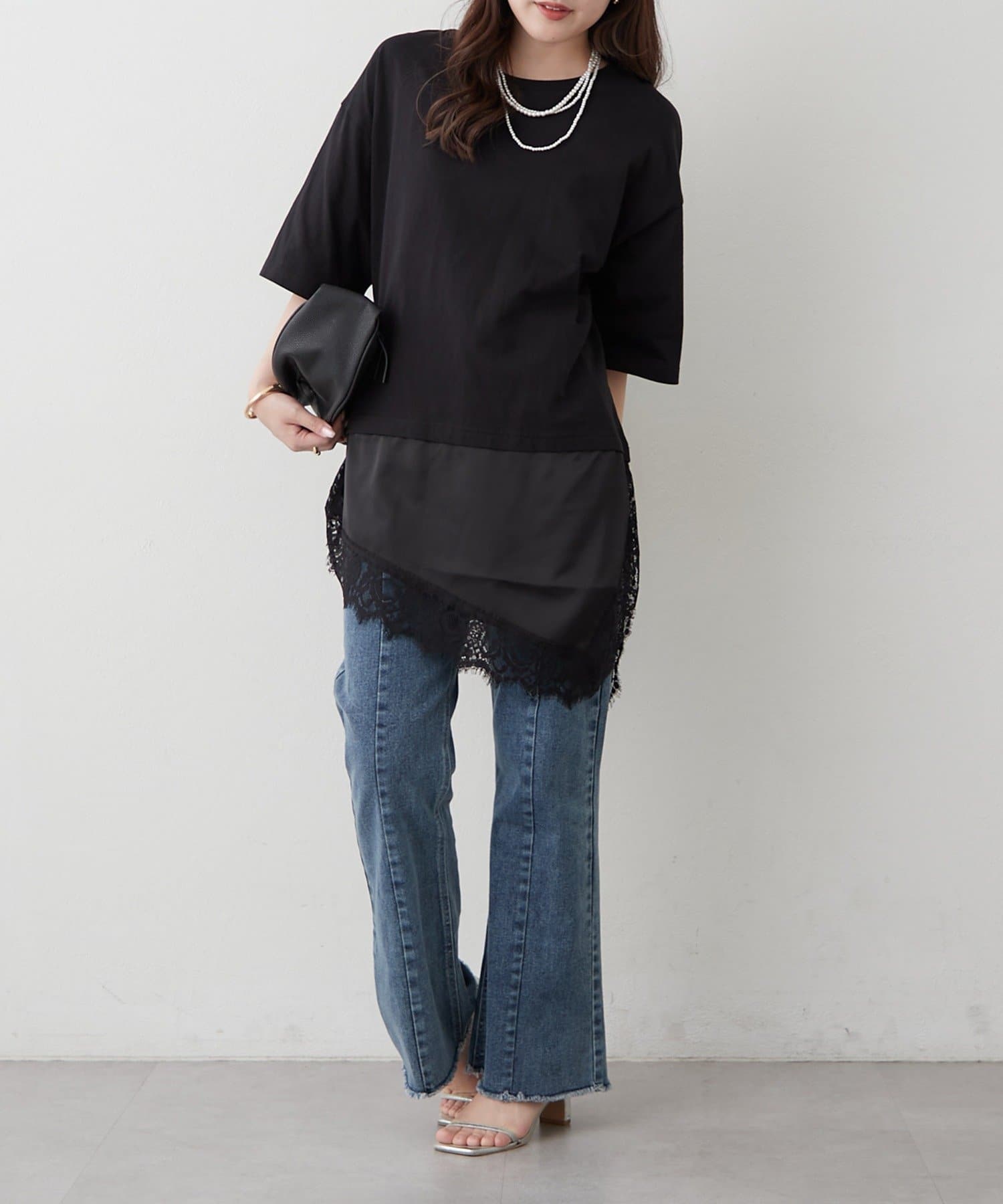 Remind me and forever(リマインドミーアンドフォーエバー) サテン×レースドッキングTシャツ