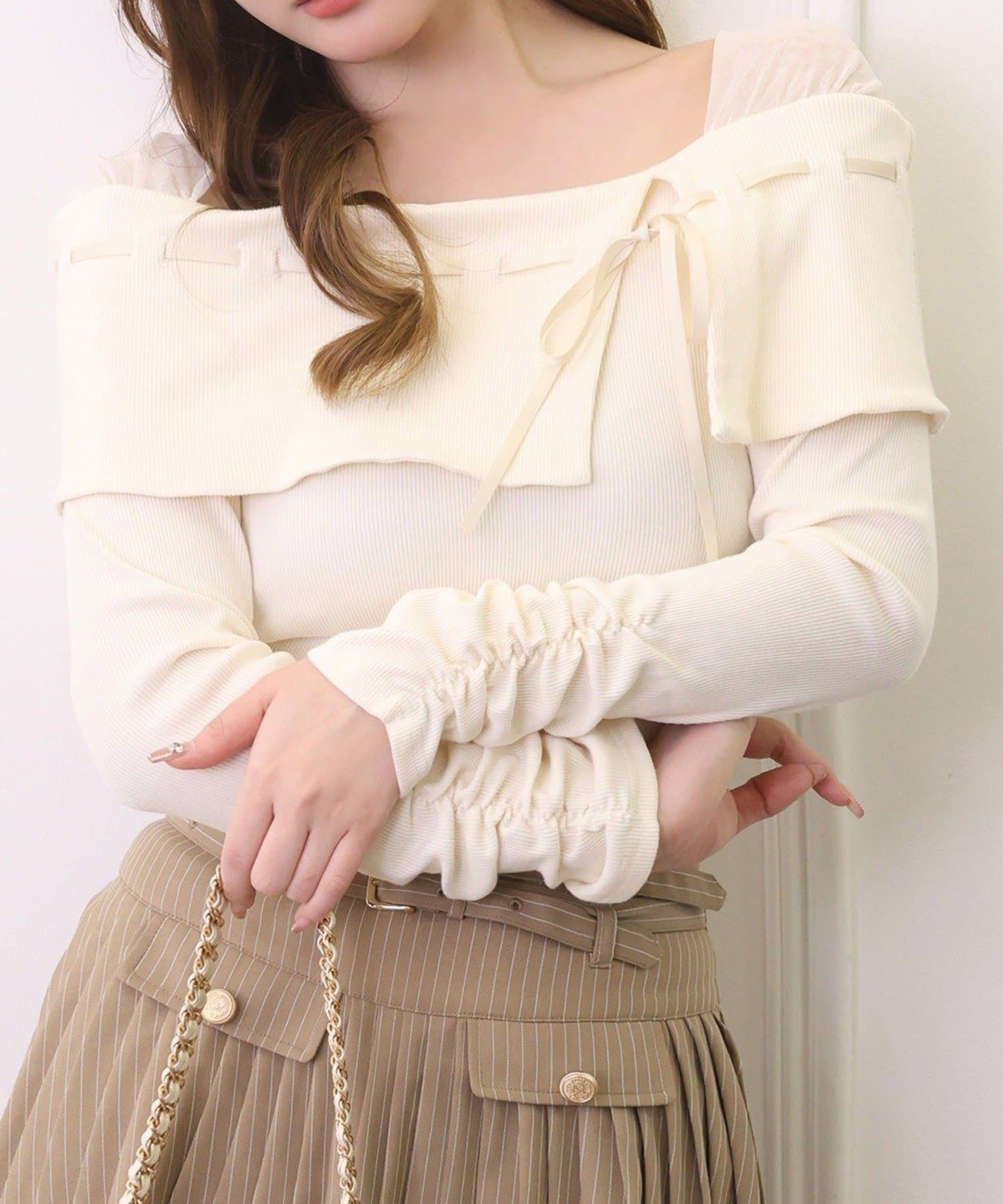 NICE CLAUP / OLIVE des OLIVE OUTLET(ナイスクラップ  / オリーブ デ オリーブ アウトレット) 【one after another】配色リボンオフショルトップス