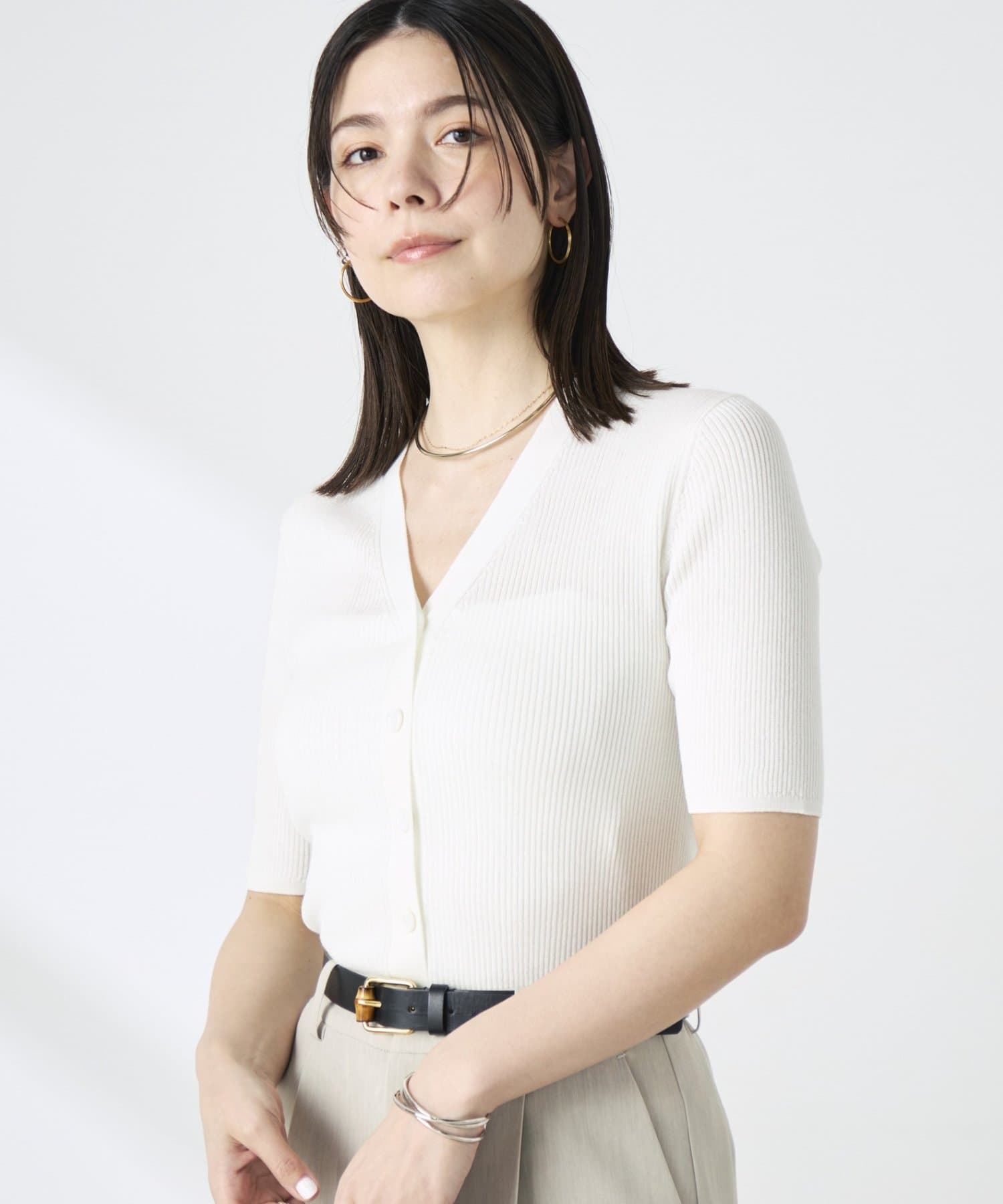 NOLLEY'S(ノーリーズ) 《手洗い可能》綿アセリブ半袖Vネックカーディガン